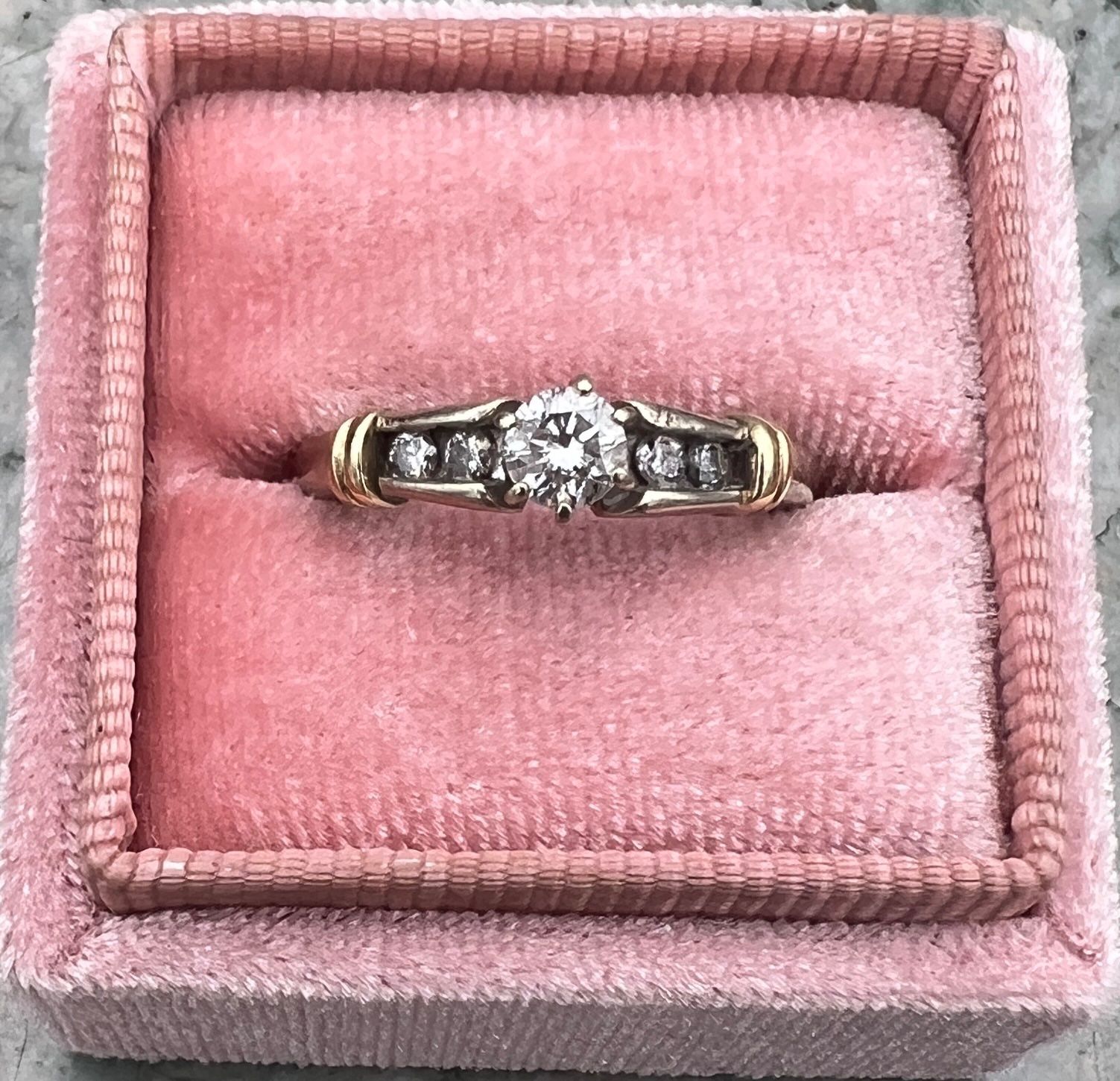 14K Gold Diamond Engagement Ring with Channel-Set Side Stones. Sz. 7.75