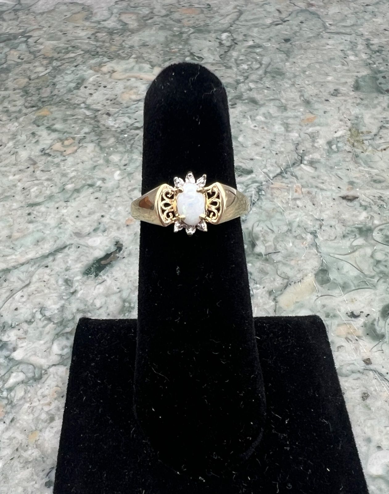 10K Gold Opal & Diamond Halo Ring with Filigree Shoulders. Sz. 5.75 2