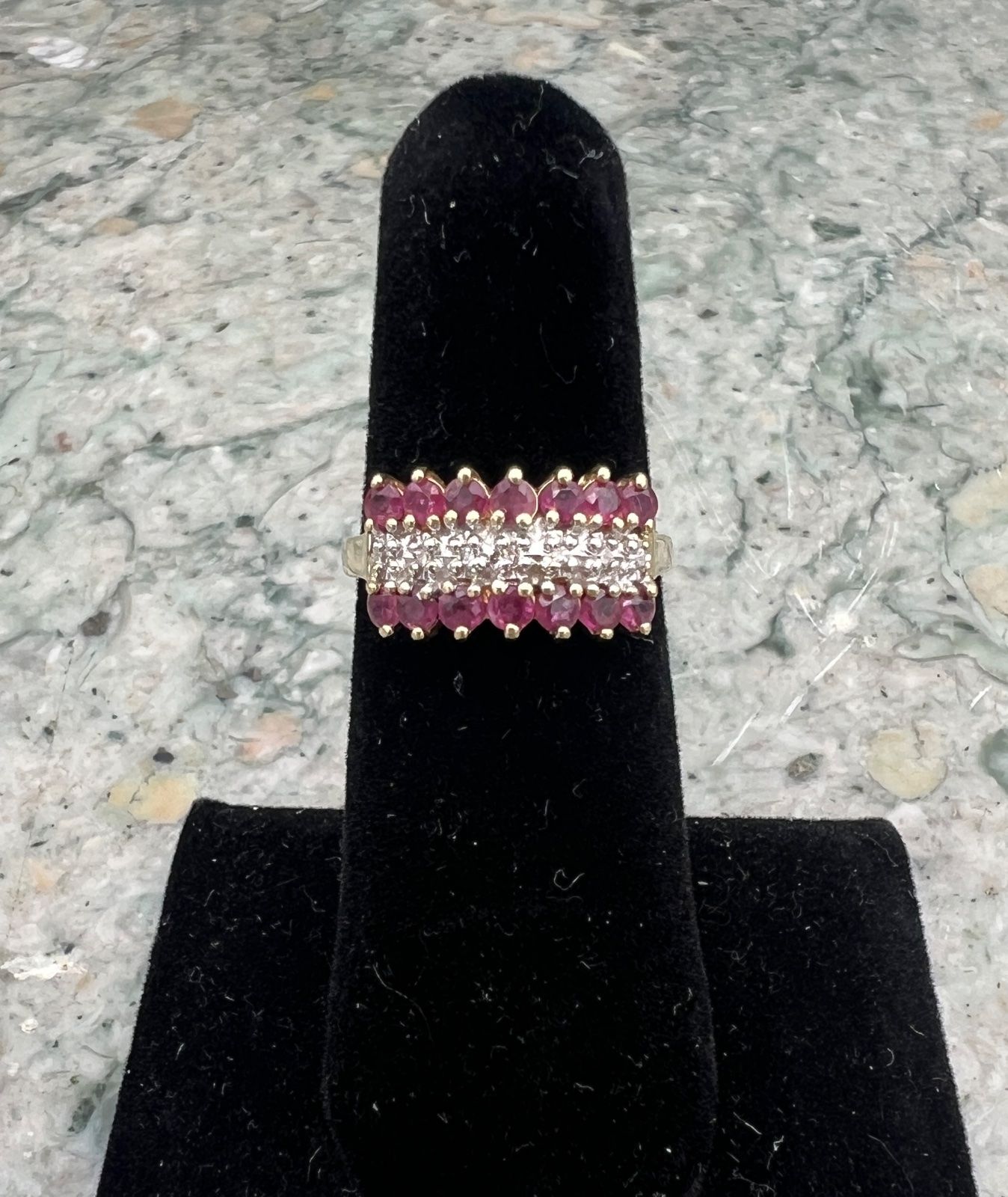 10K Gold Ruby and Diamond Three-Row Cluster Ring. Sz. 6.25 2
