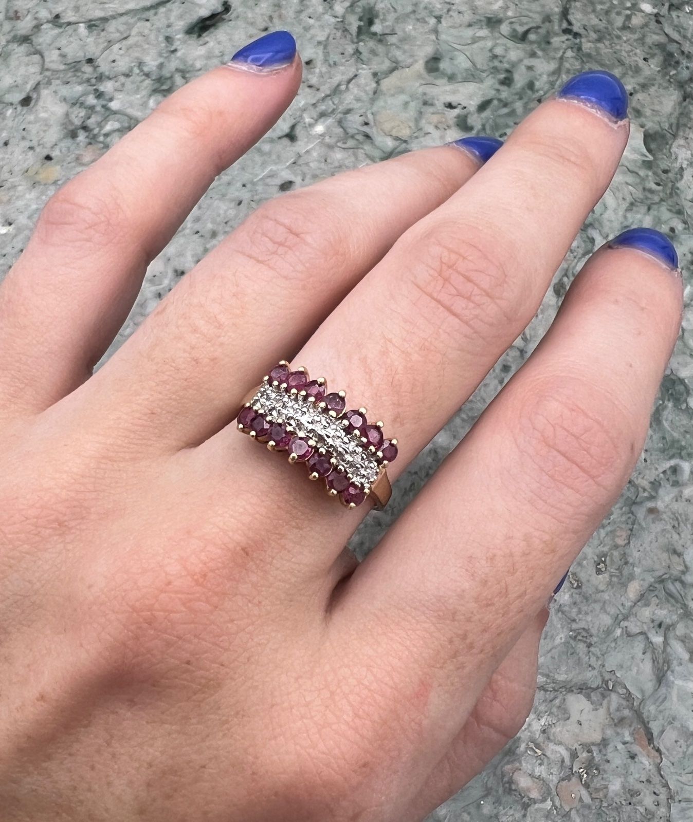 10K Gold Ruby and Diamond Three-Row Cluster Ring. Sz. 6.25 3
