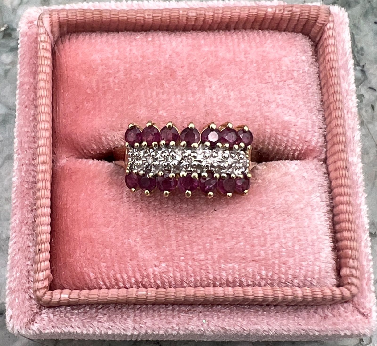 10K Gold Ruby and Diamond Three-Row Cluster Ring. Sz. 6.25