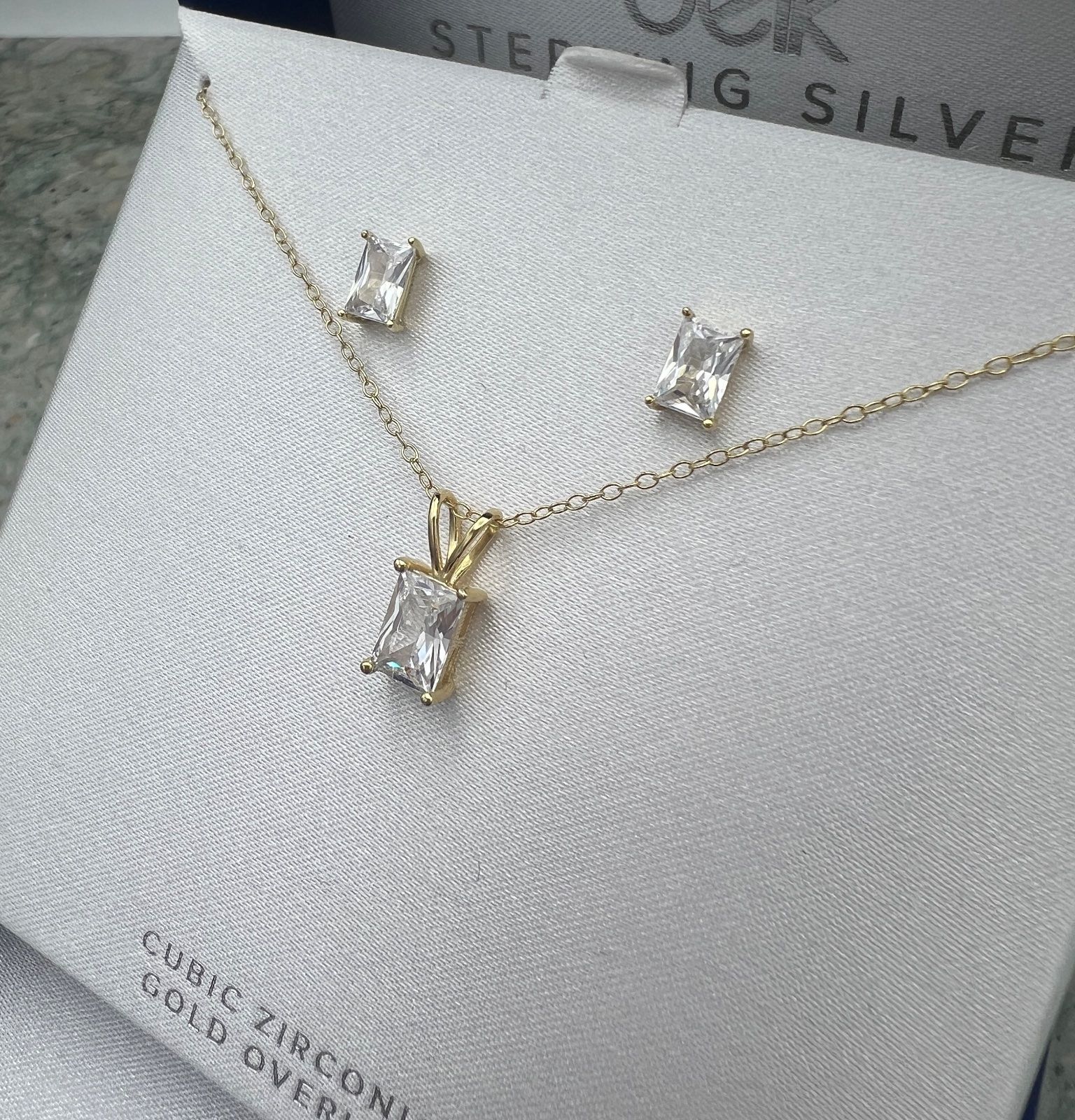 Gold Over Sterling Silver CZ Necklace & Earring Set Emerald Cut 3