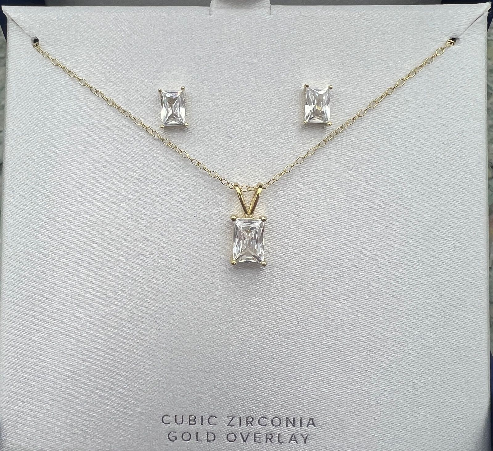 Gold Over Sterling Silver CZ Necklace & Earring Set Emerald Cut 2
