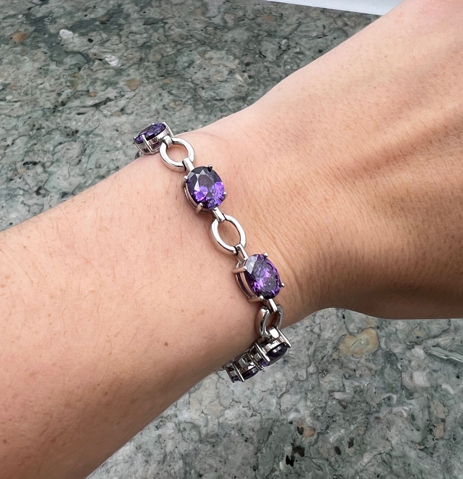Sterling Silver Amethyst Oval Link Bracelet .925 3