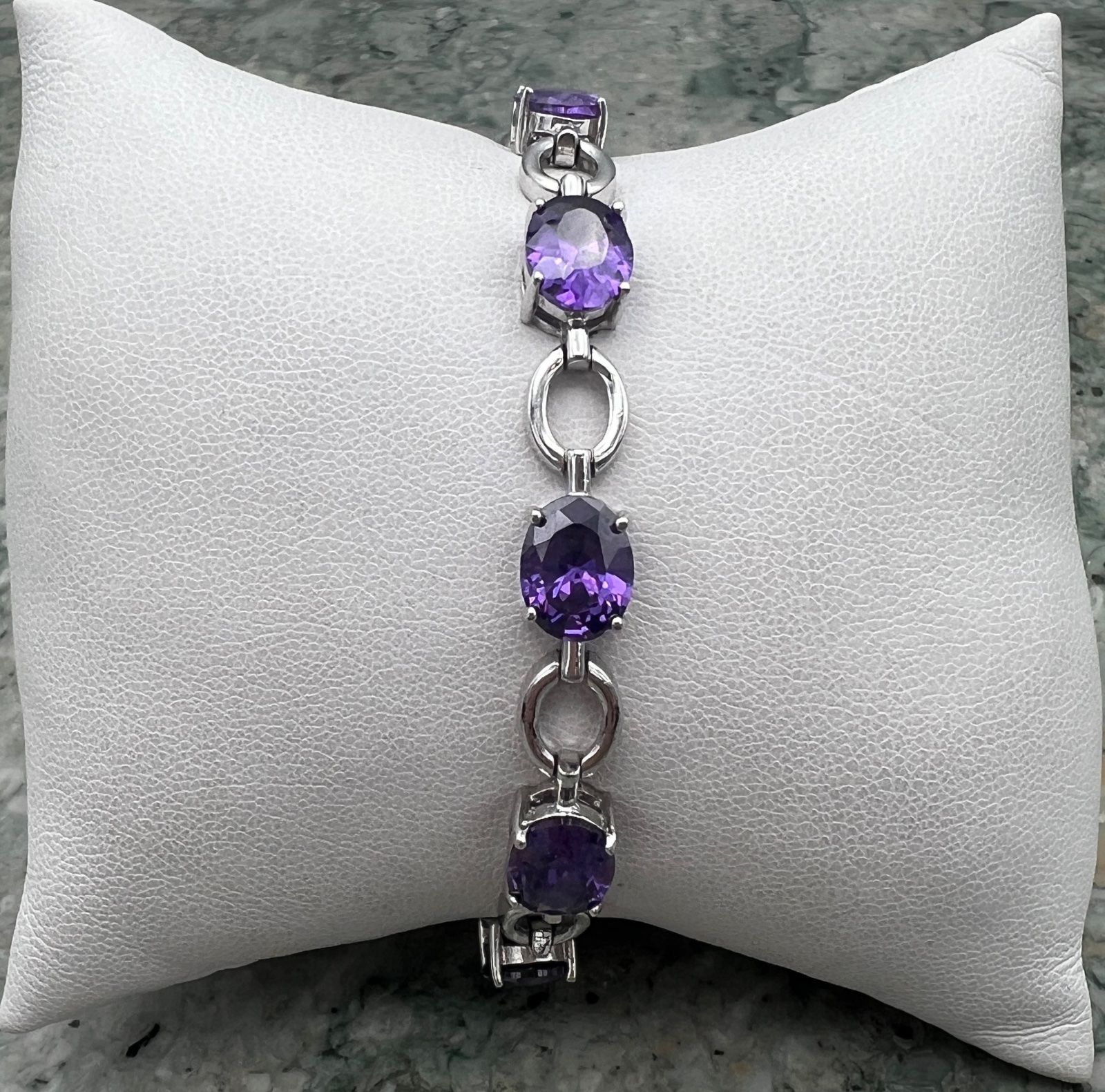 Sterling Silver Amethyst Oval Link Bracelet .925