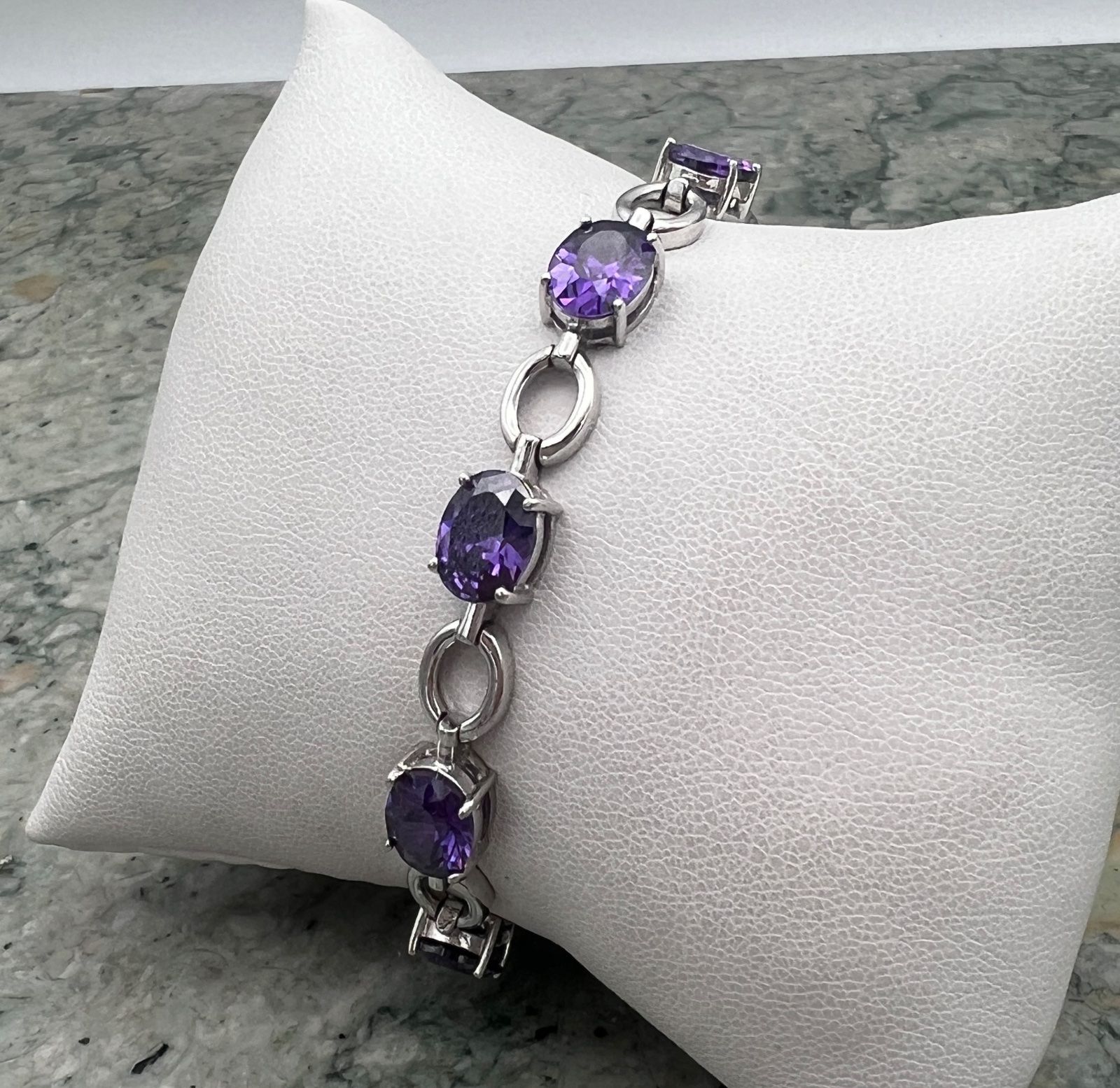 Sterling Silver Amethyst Oval Link Bracelet .925 2