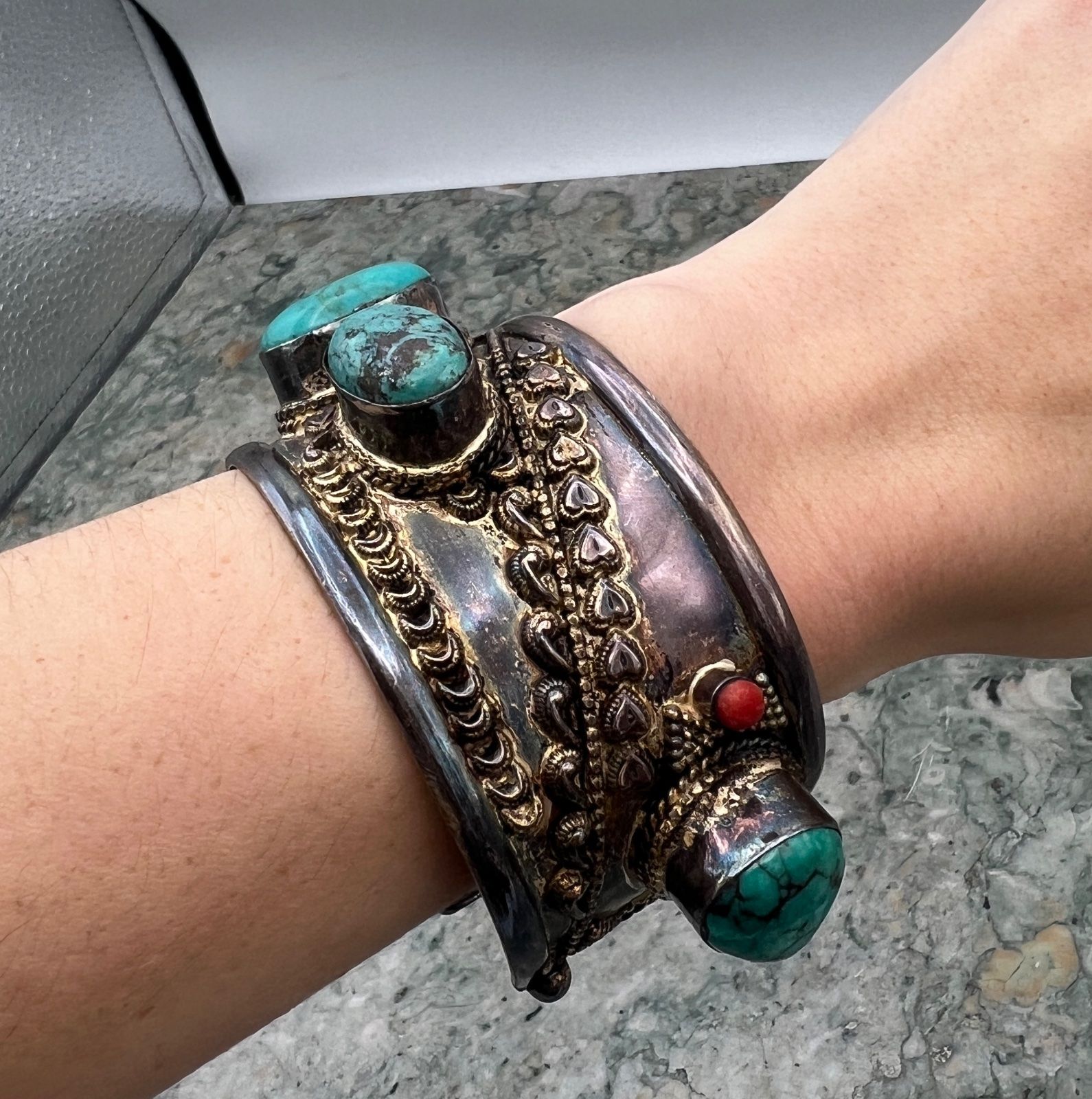 Sterling Silver Turquoise & Coral Cuff Bracelet Tribal Style 4
