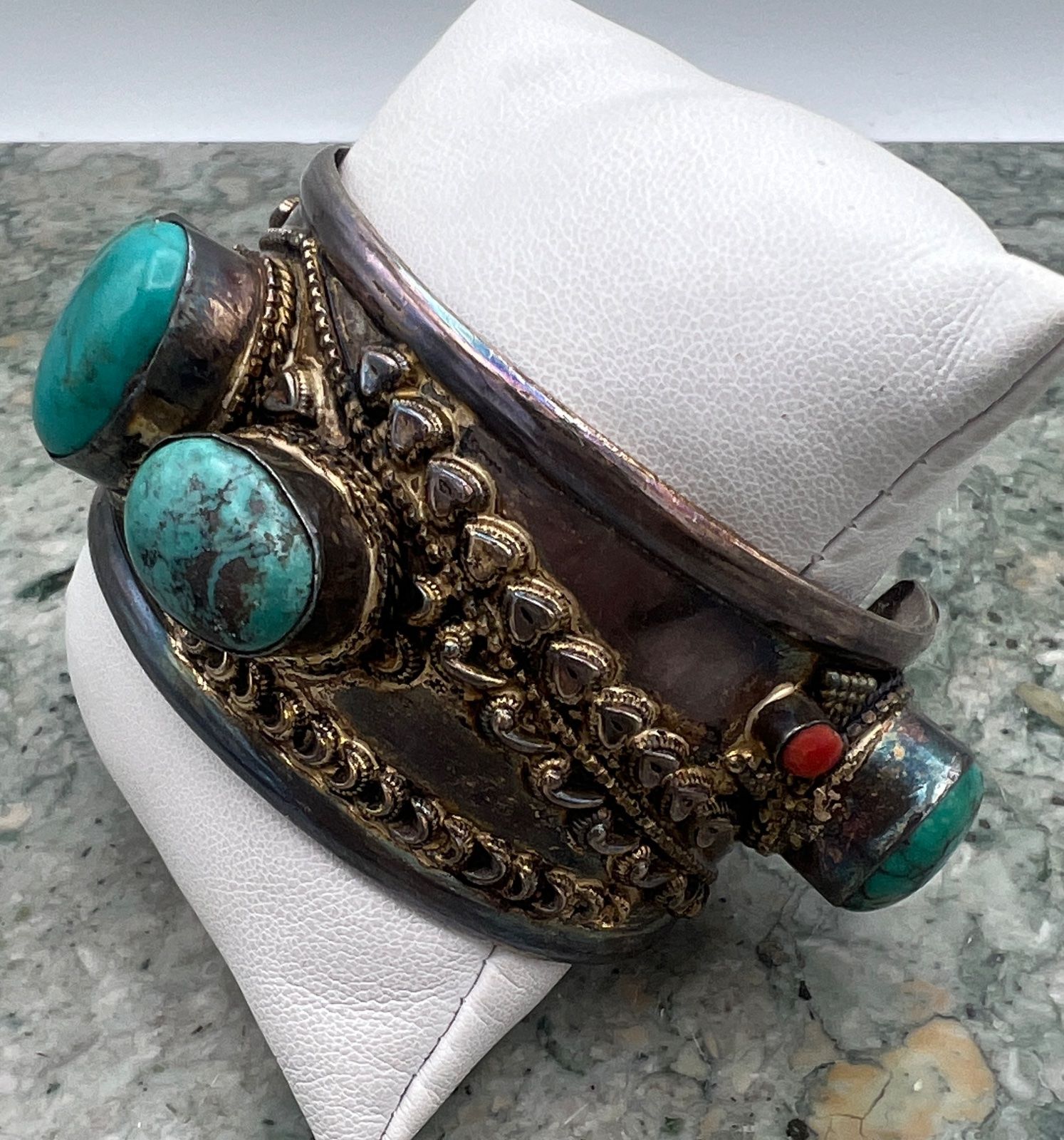 Sterling Silver Turquoise & Coral Cuff Bracelet Tribal Style 2