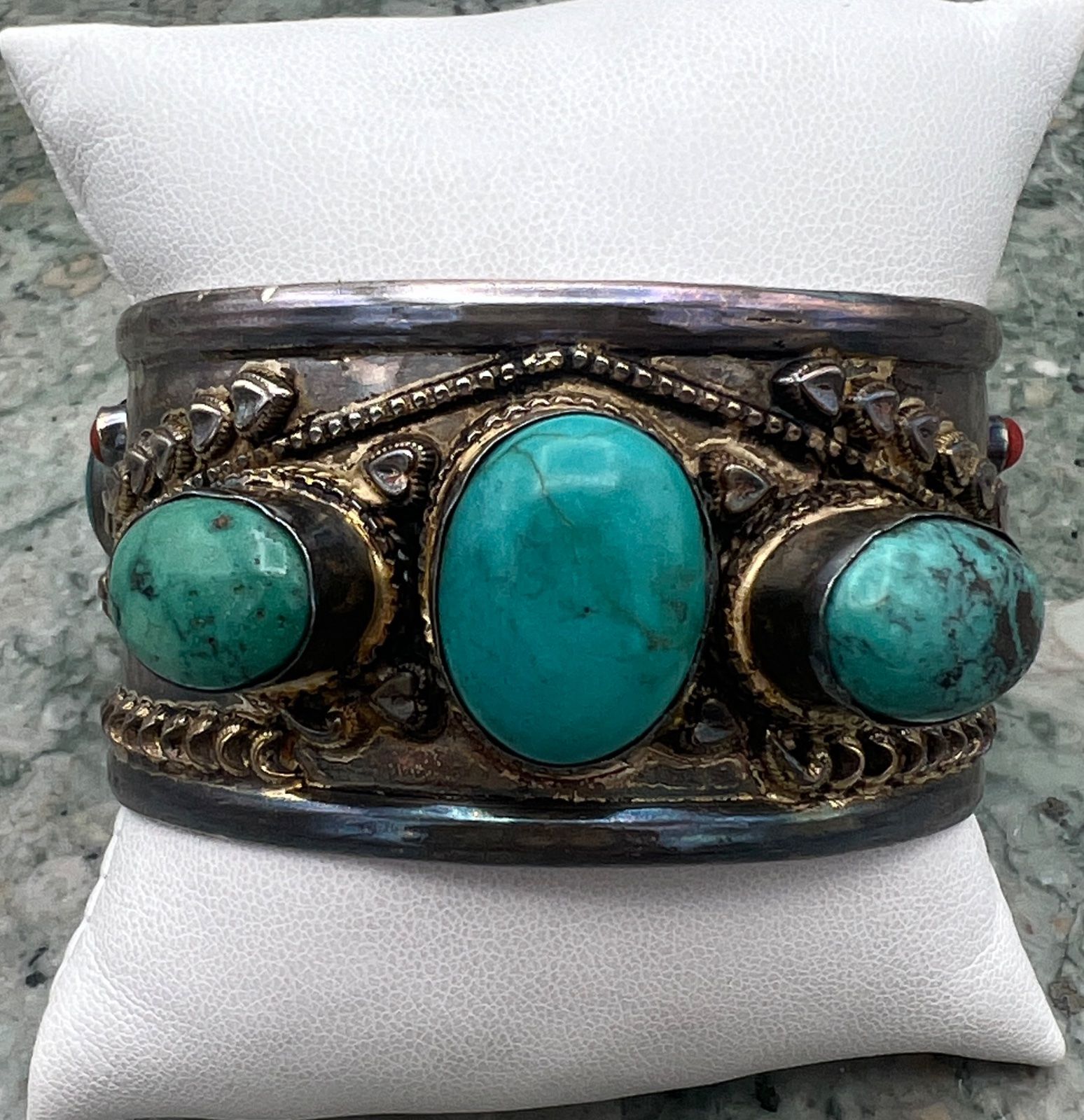 Sterling Silver Turquoise & Coral Cuff Bracelet Tribal Style