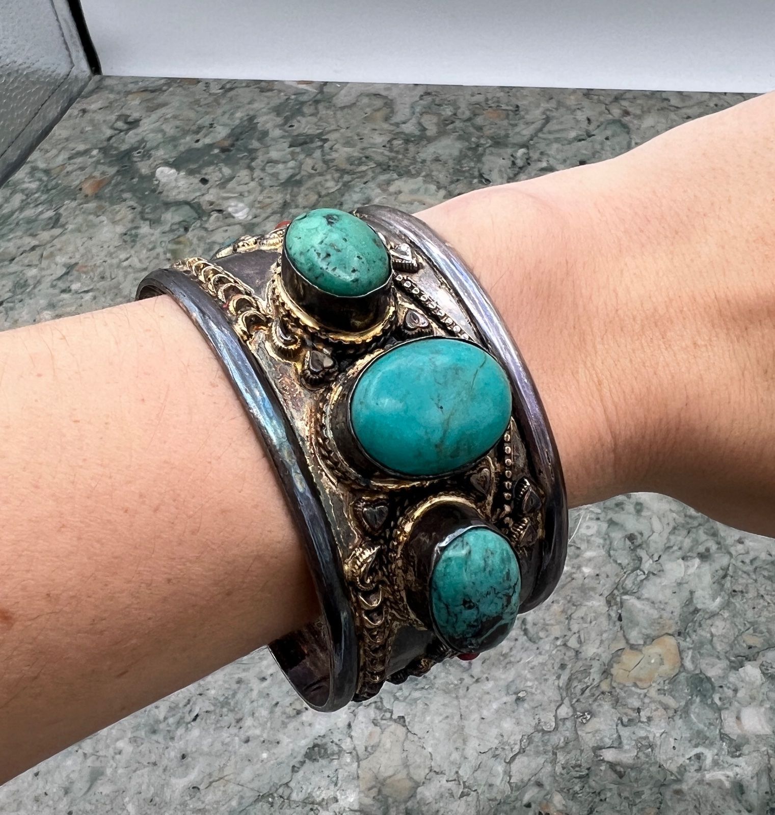 Sterling Silver Turquoise & Coral Cuff Bracelet Tribal Style 3