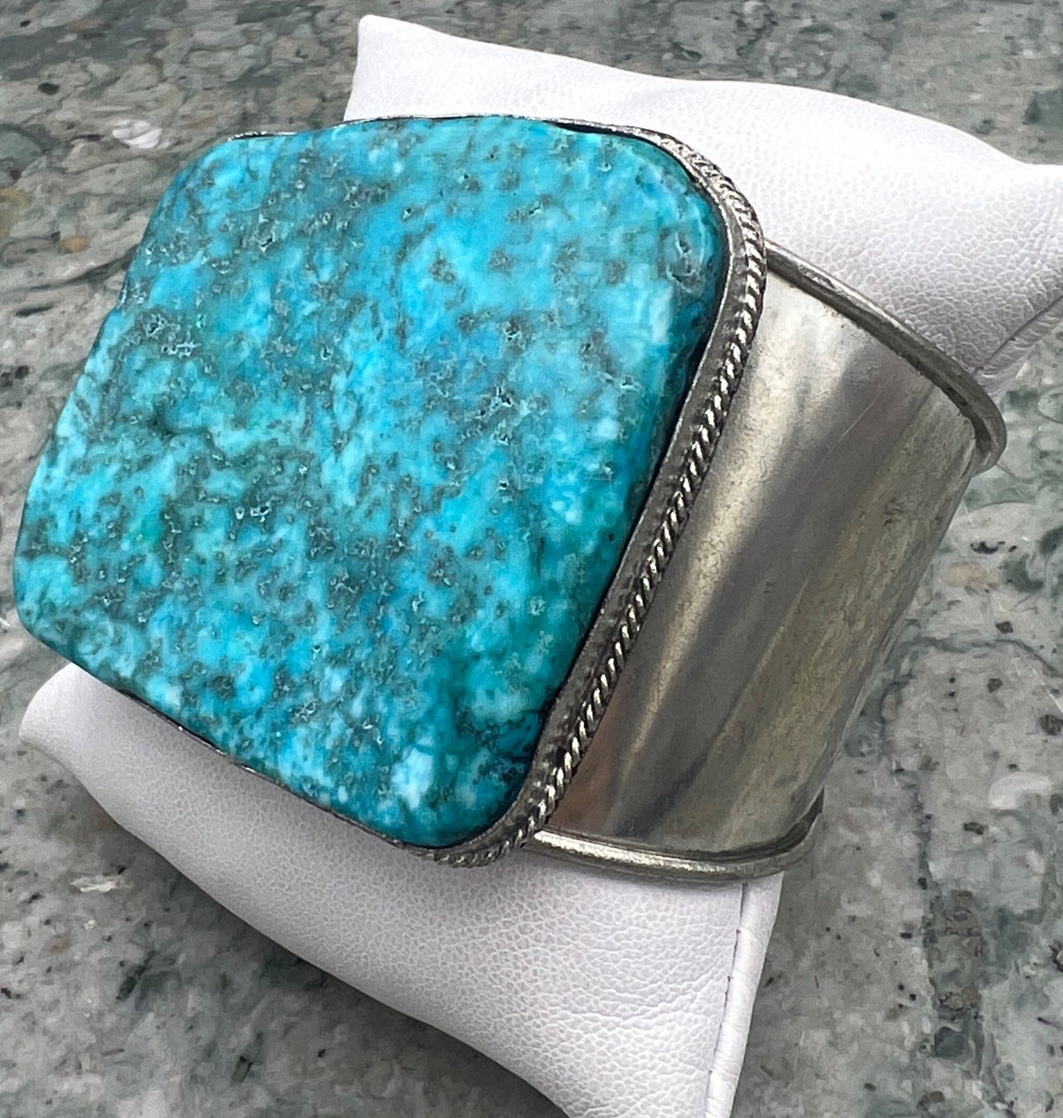 Large Turquoise Slab Cuff Bracelet Silver-Tone Metal Setting 2