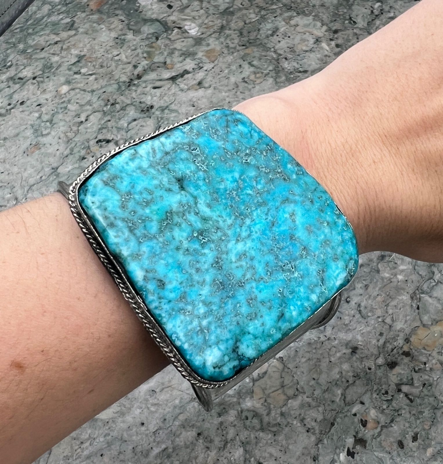 Large Turquoise Slab Cuff Bracelet Silver-Tone Metal Setting 3
