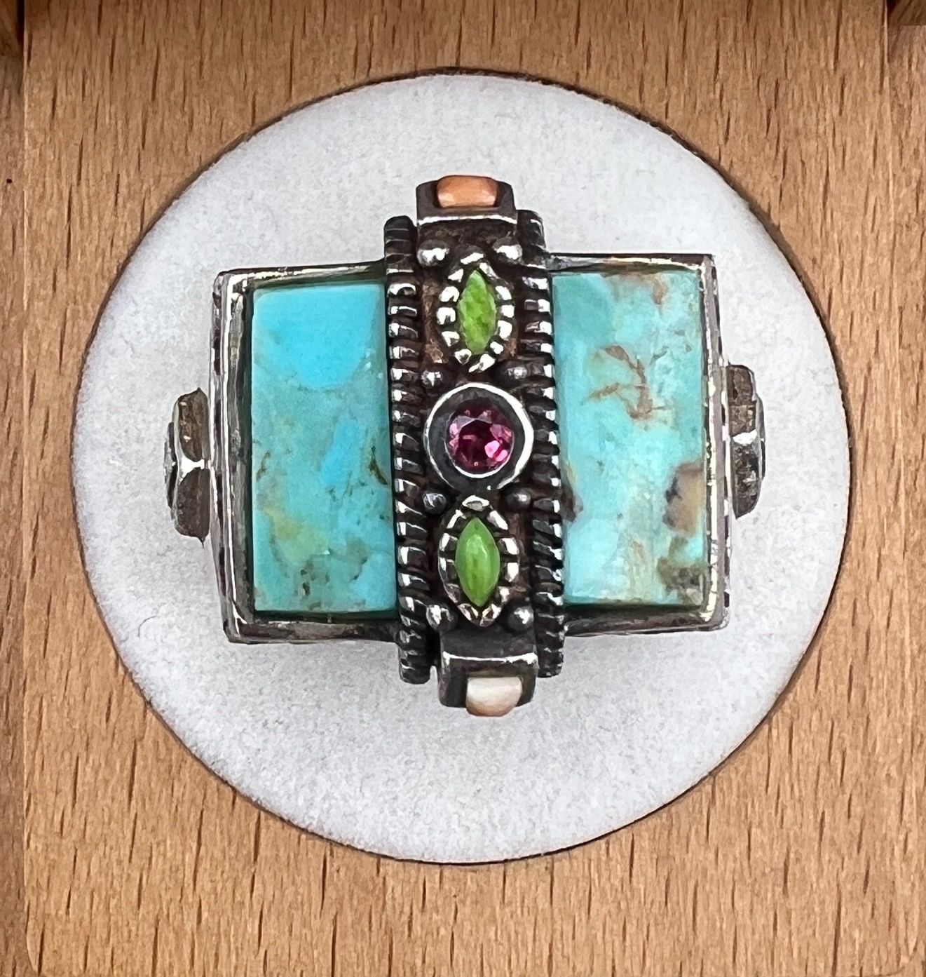 Sterling Silver Turquoise Ring with Green, Orange, & Garnet Accents