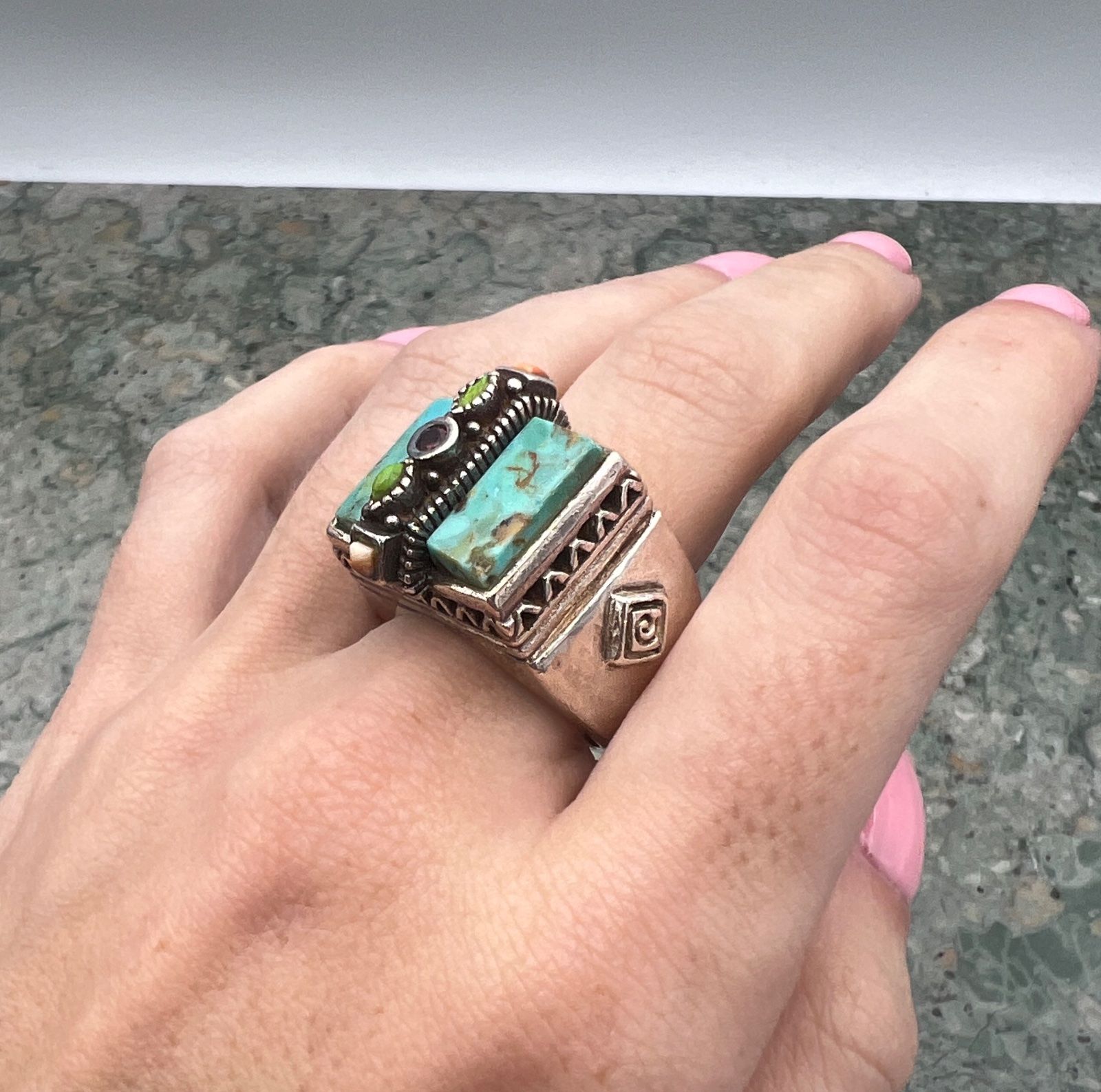 Sterling Silver Turquoise Ring with Green, Orange, & Garnet Accents 6
