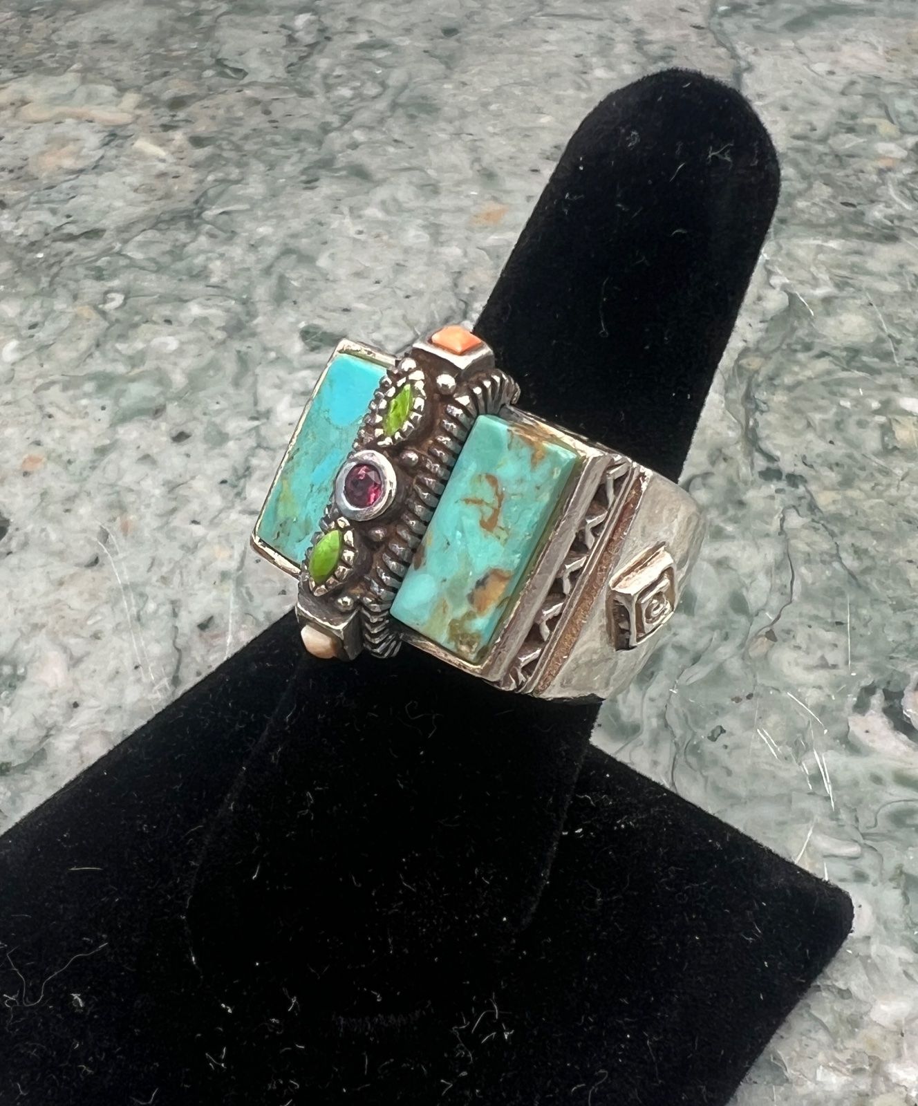 Sterling Silver Turquoise Ring with Green, Orange, & Garnet Accents 4