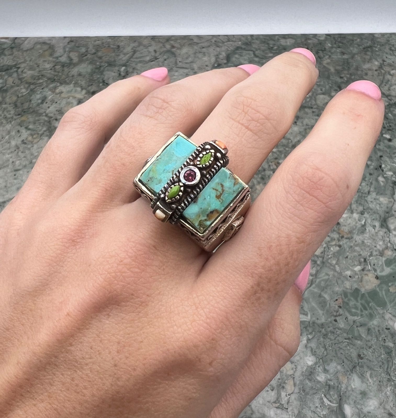 Sterling Silver Turquoise Ring with Green, Orange, & Garnet Accents 5