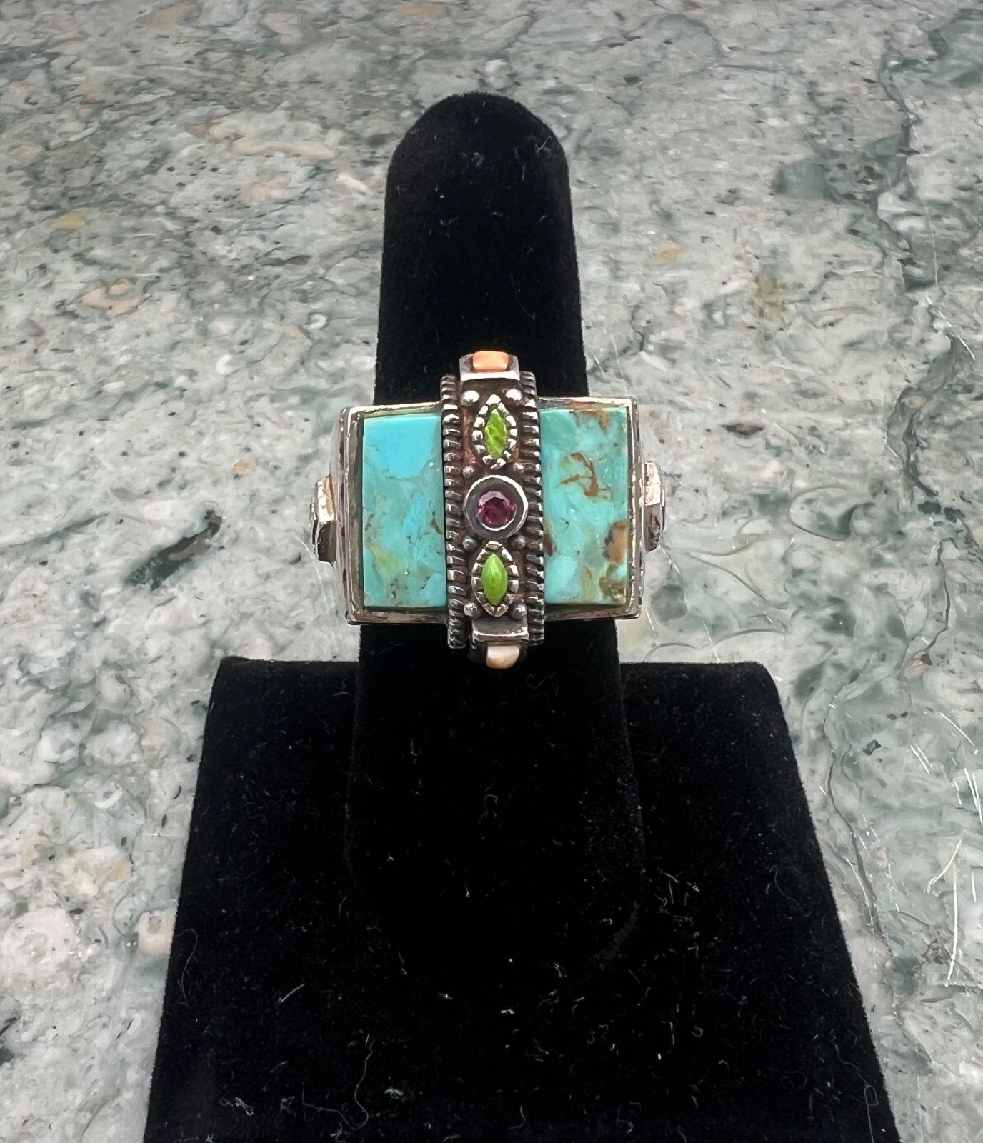 Sterling Silver Turquoise Ring with Green, Orange, & Garnet Accents 3