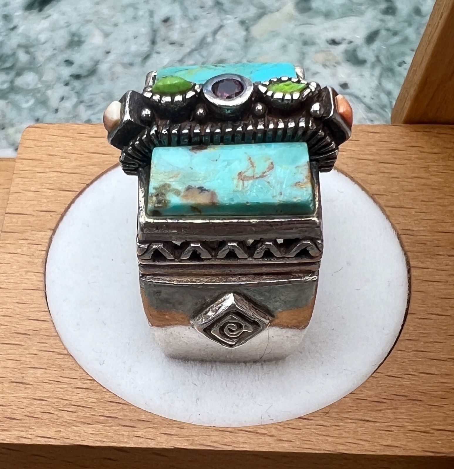 Sterling Silver Turquoise Ring with Green, Orange, & Garnet Accents 2