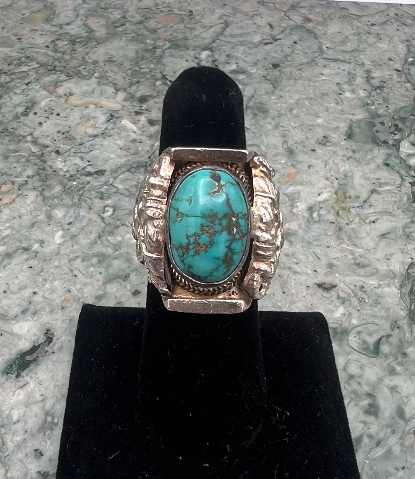 Navajo Sterling Silver Turquoise Cabochon Ring Heavy Setting 3