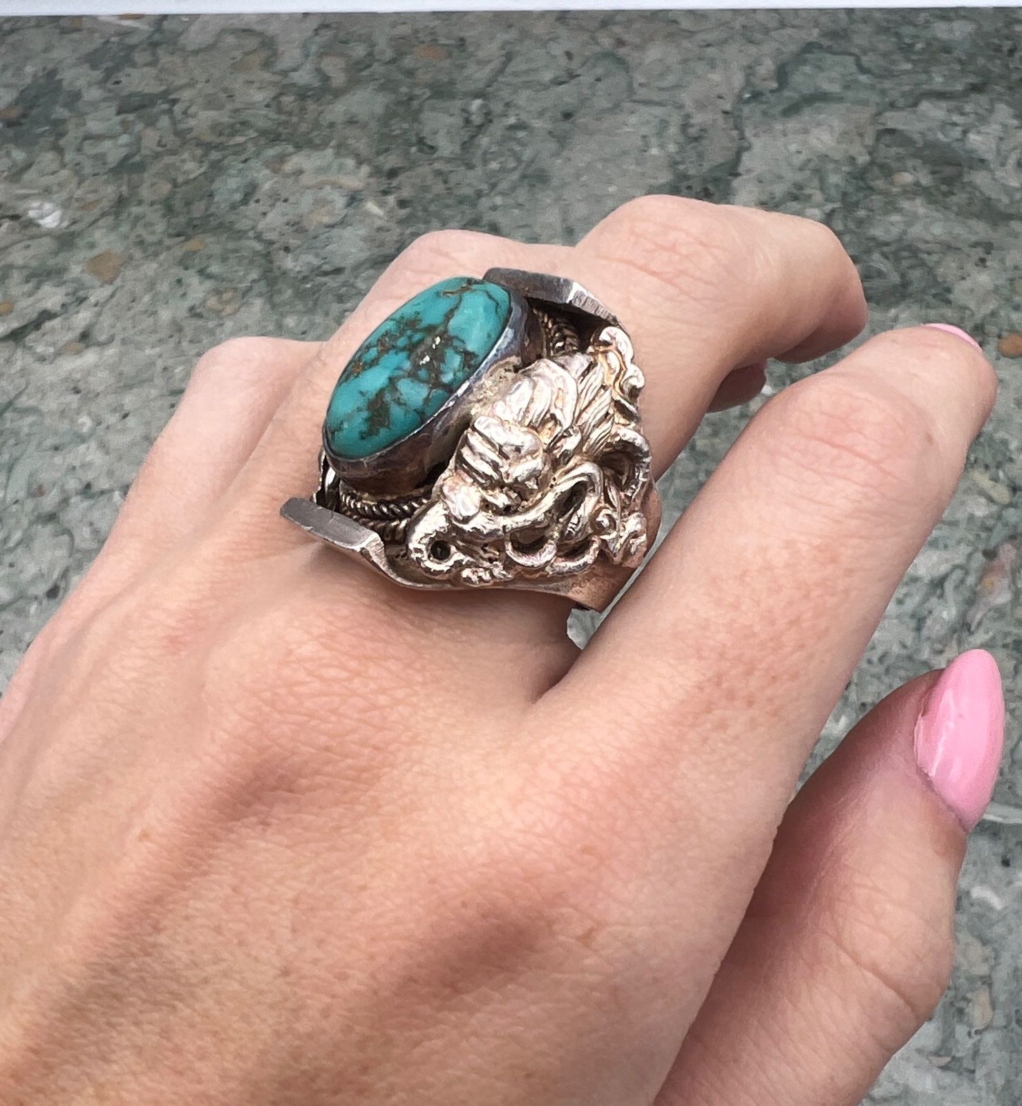 Navajo Sterling Silver Turquoise Cabochon Ring Heavy Setting 6