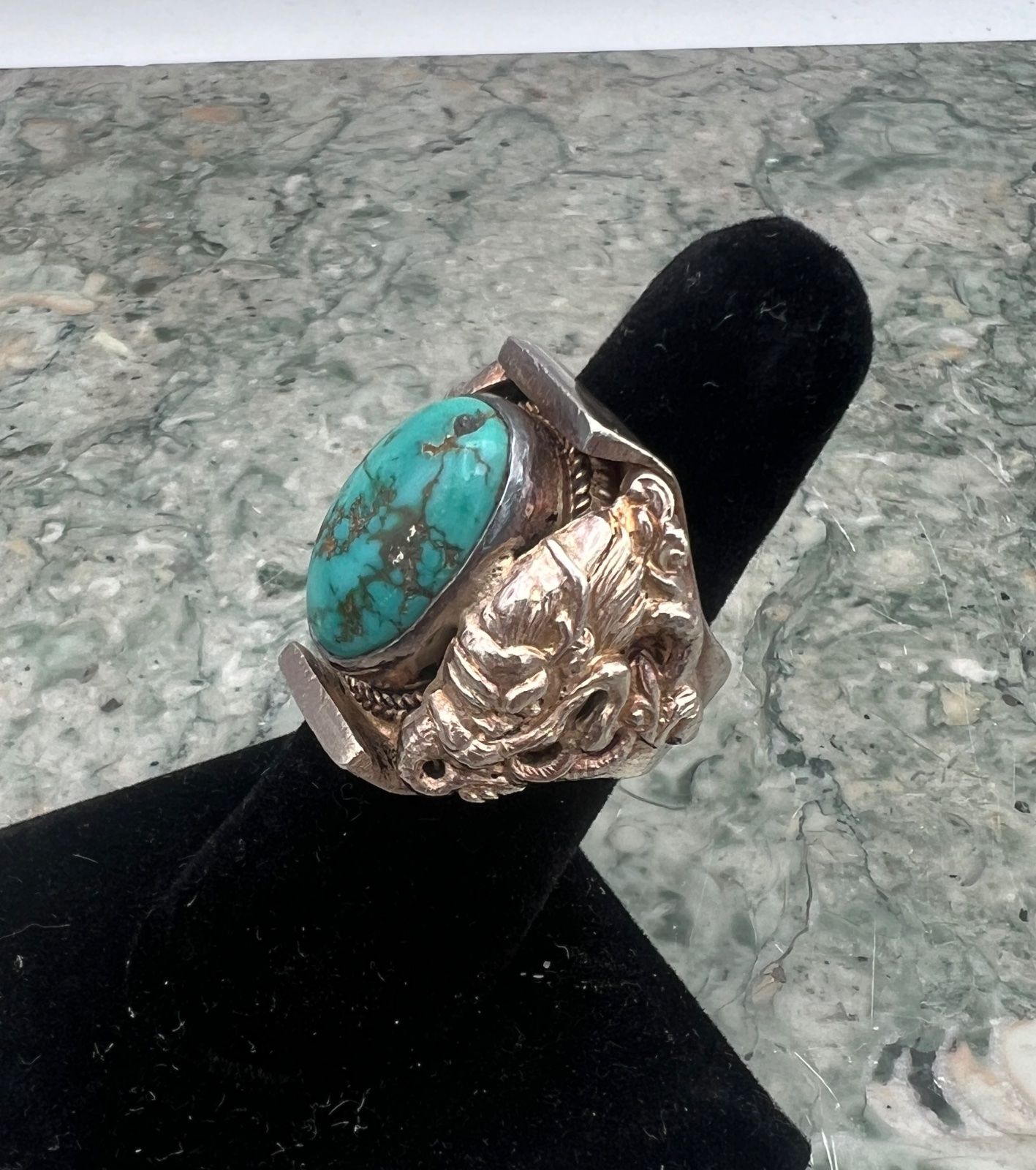 Navajo Sterling Silver Turquoise Cabochon Ring Heavy Setting 4