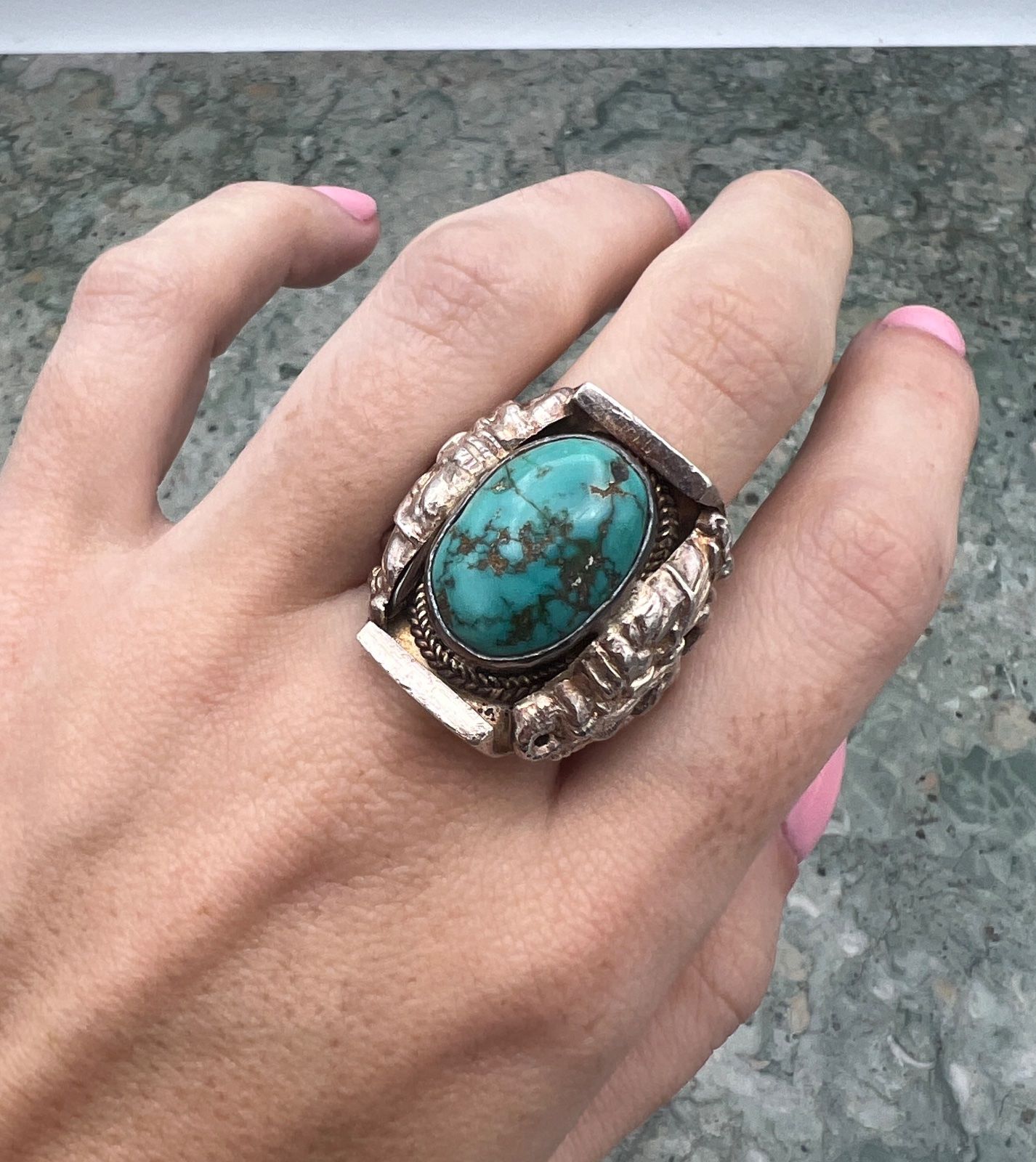 Navajo Sterling Silver Turquoise Cabochon Ring Heavy Setting 5