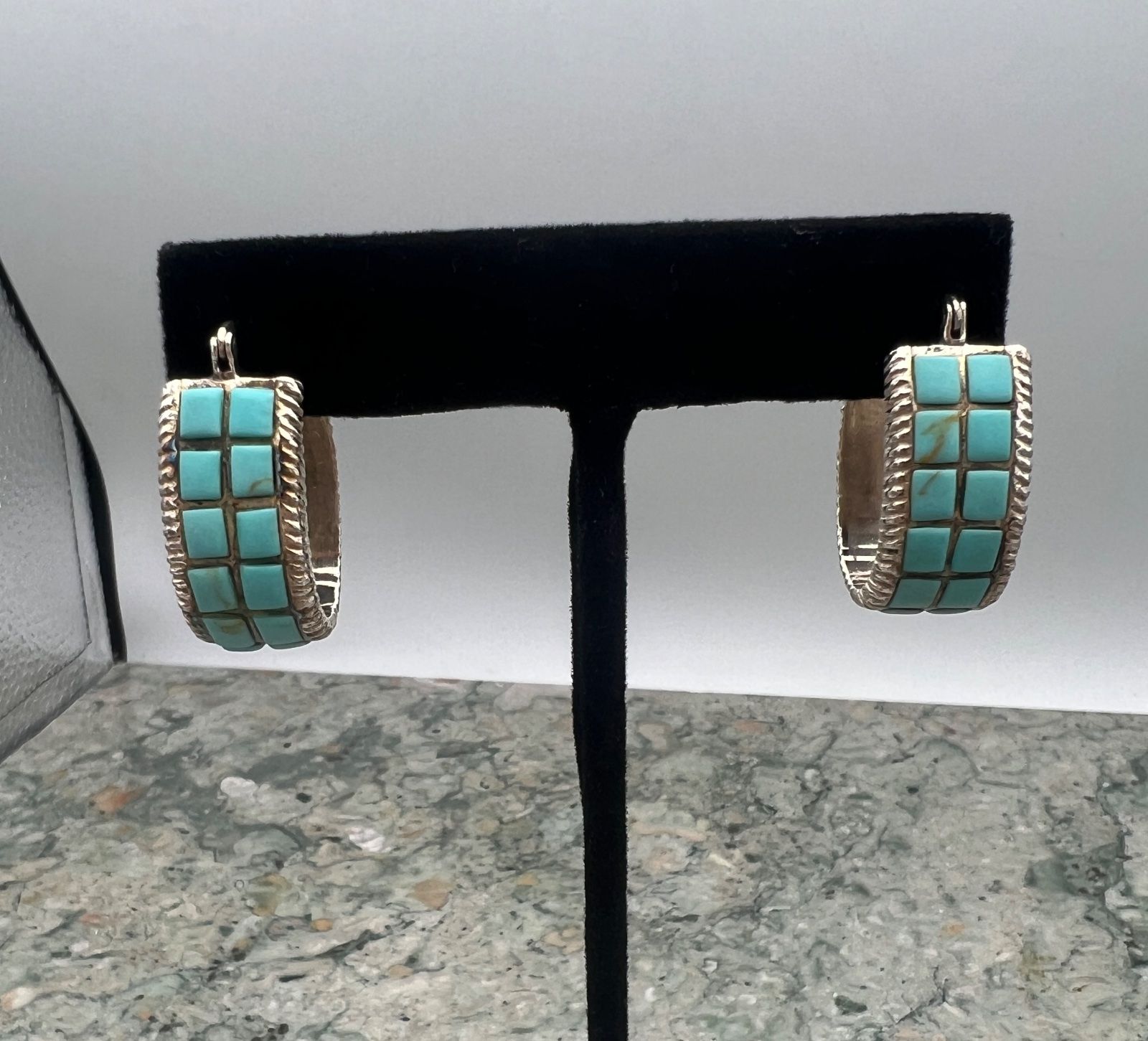 Sterling Silver Turquoise Inlay Hoop Earrings Native American Style 2