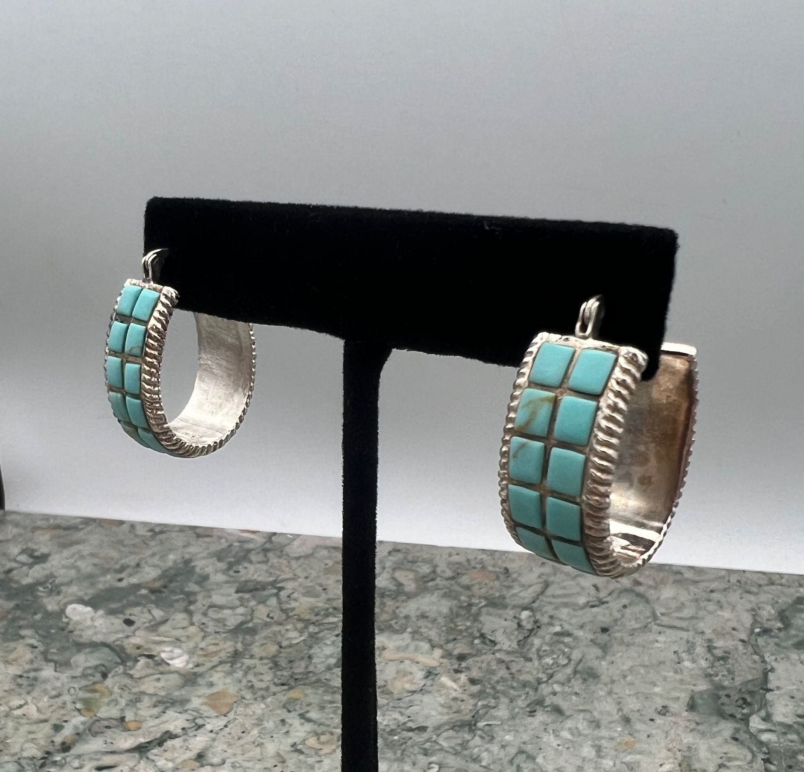 Sterling Silver Turquoise Inlay Hoop Earrings Native American Style 3