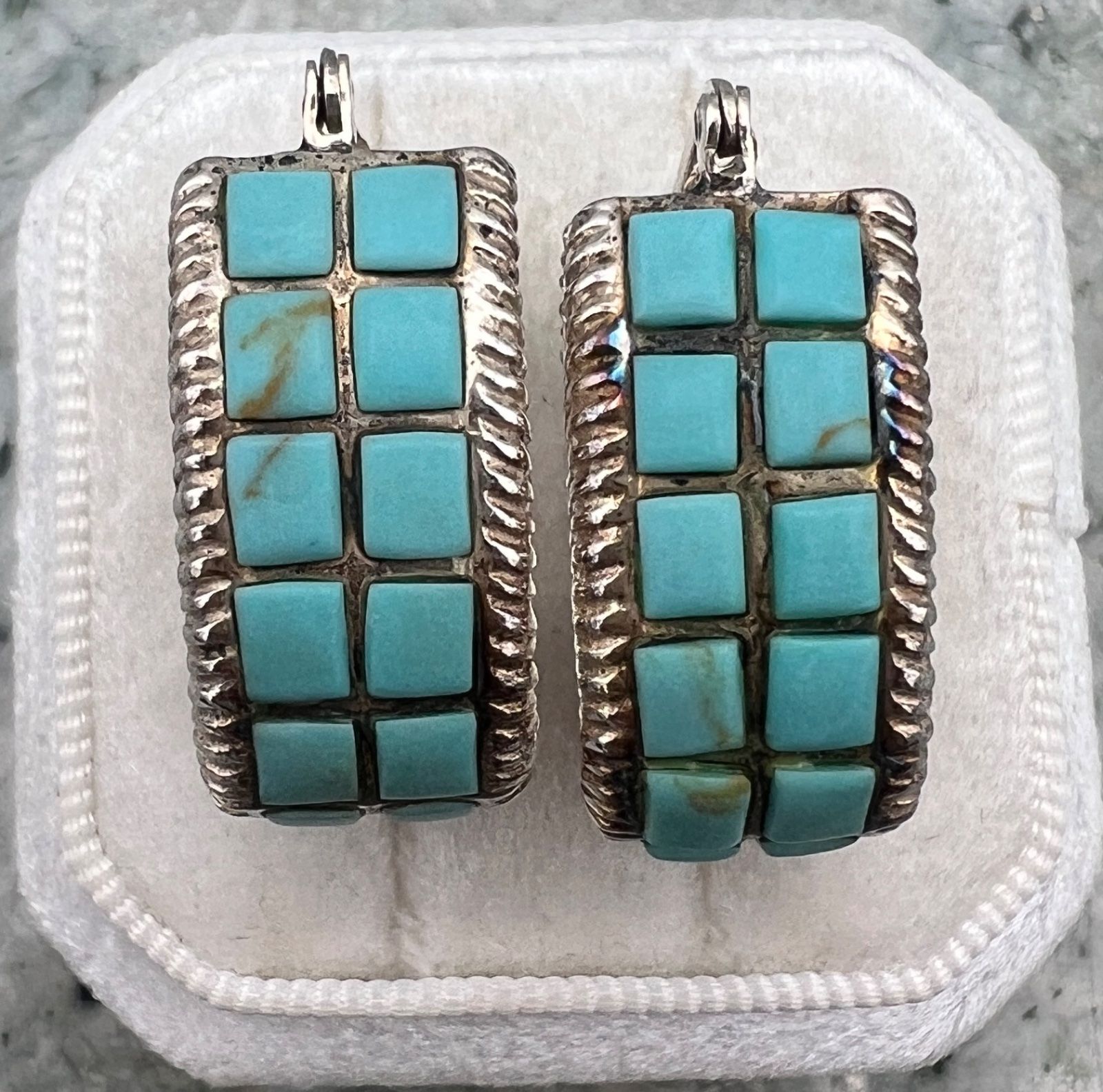 Sterling Silver Turquoise Inlay Hoop Earrings Native American Style