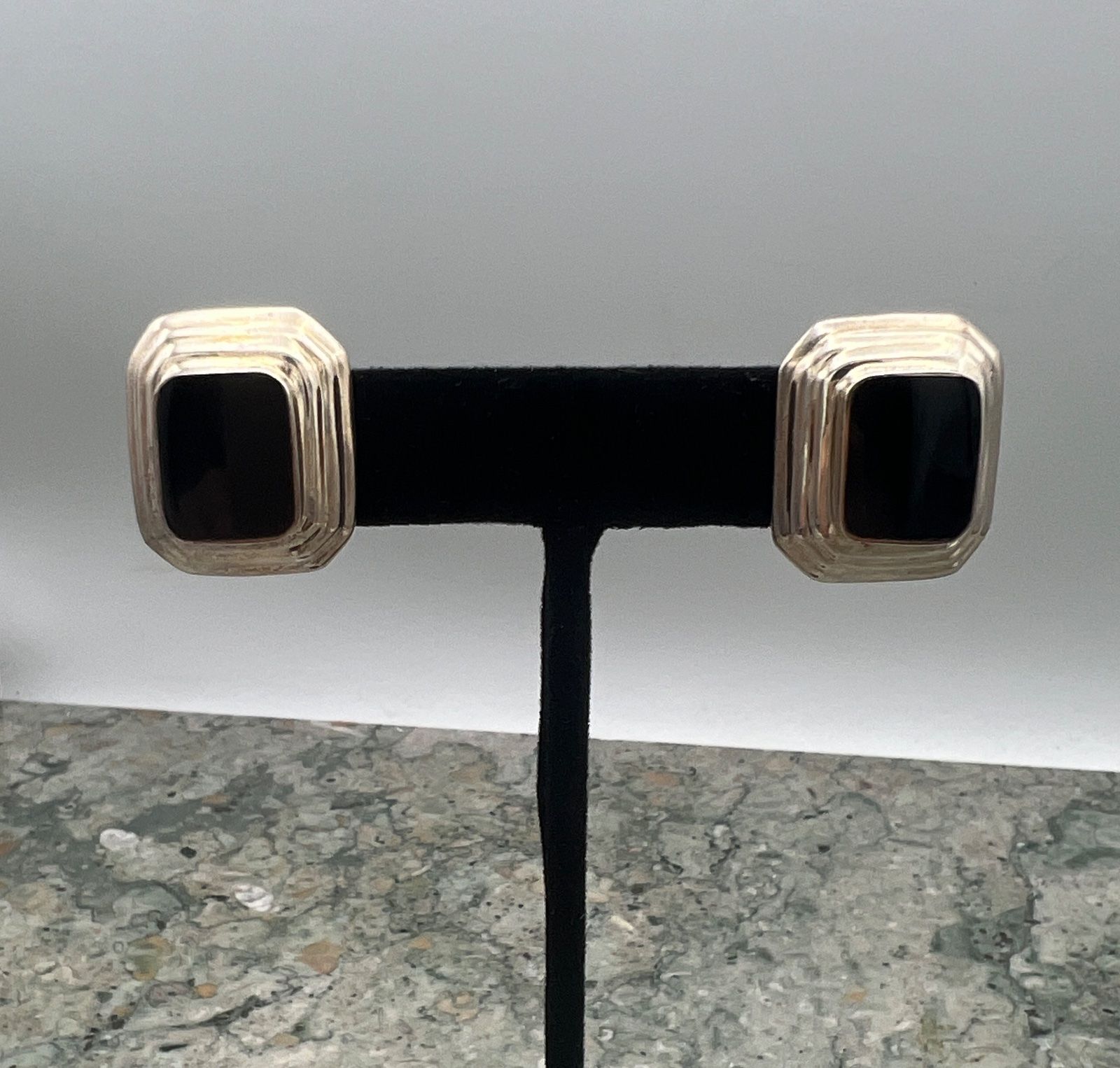 Sterling Silver Black Onyx Post Earrings Stepped Frame Design 2