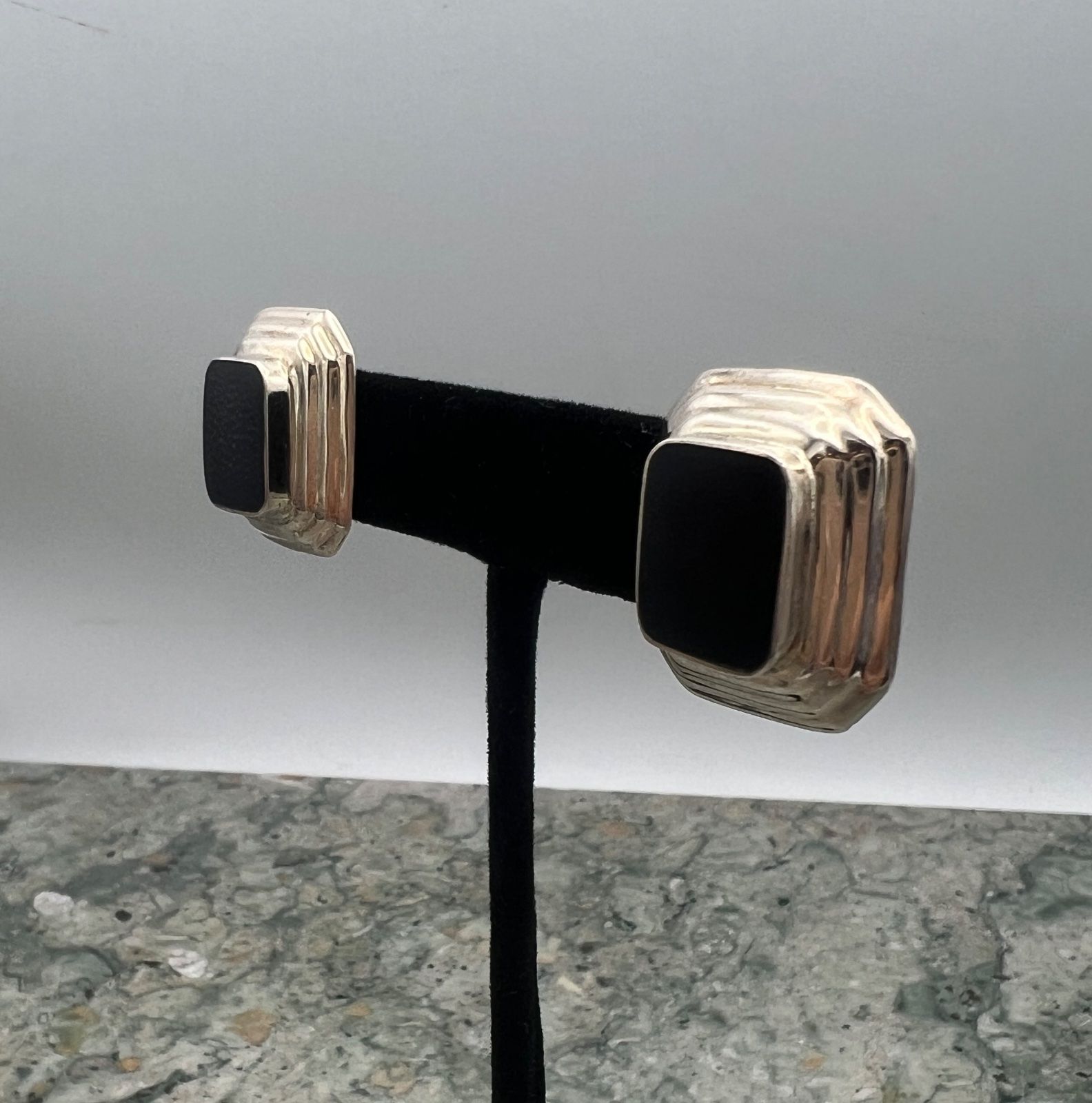 Sterling Silver Black Onyx Post Earrings Stepped Frame Design 3