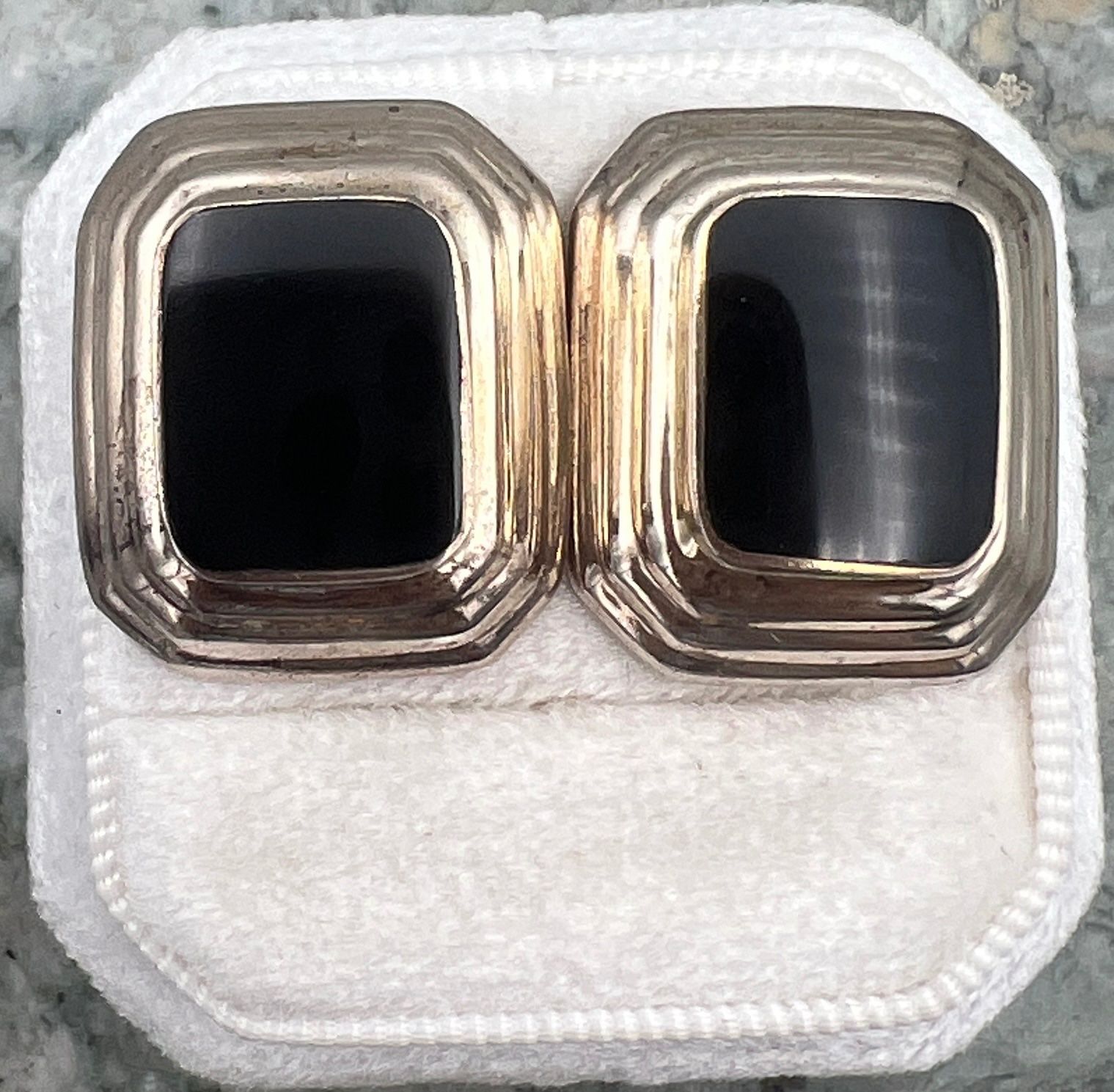 Sterling Silver Black Onyx Post Earrings Stepped Frame Design