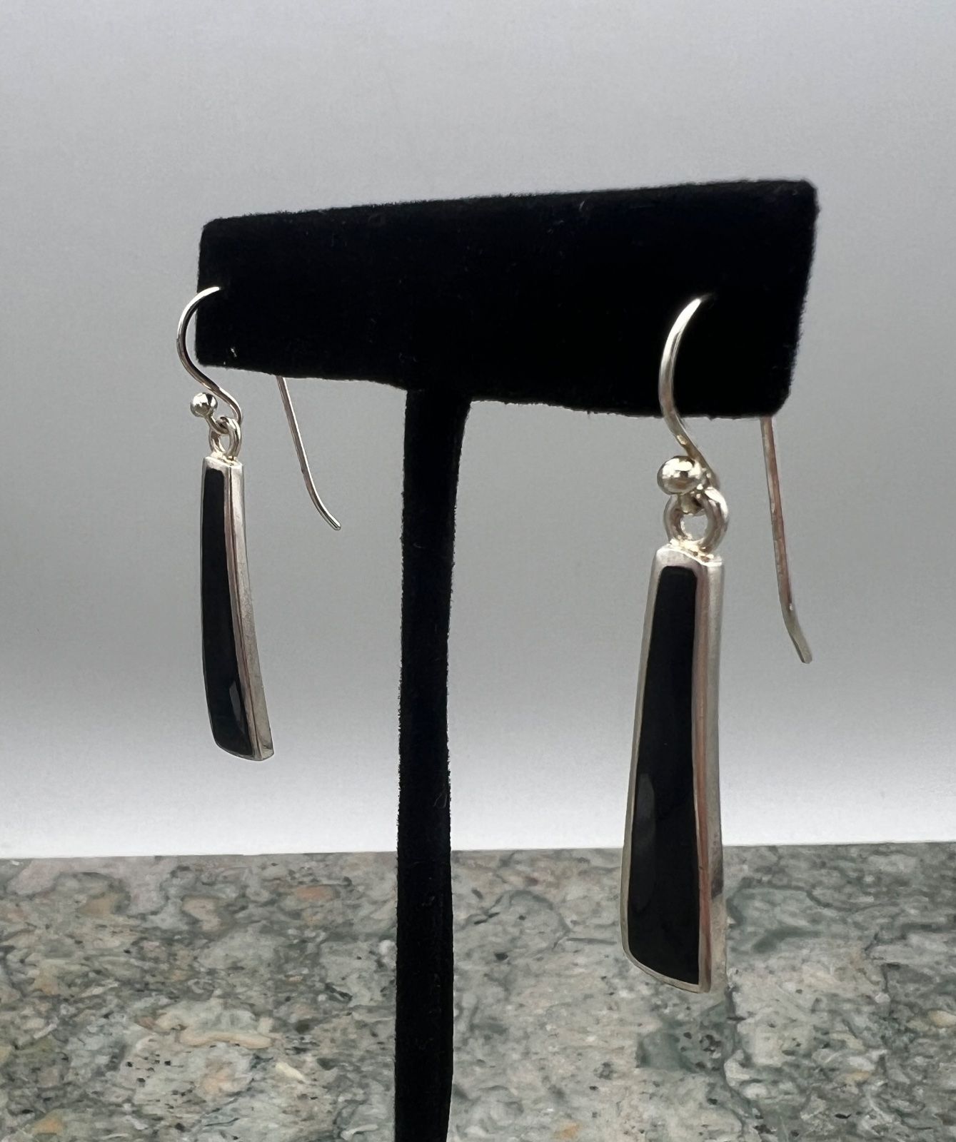 Sterling Silver Black Onyx Inlay Drop Earrings .925 3