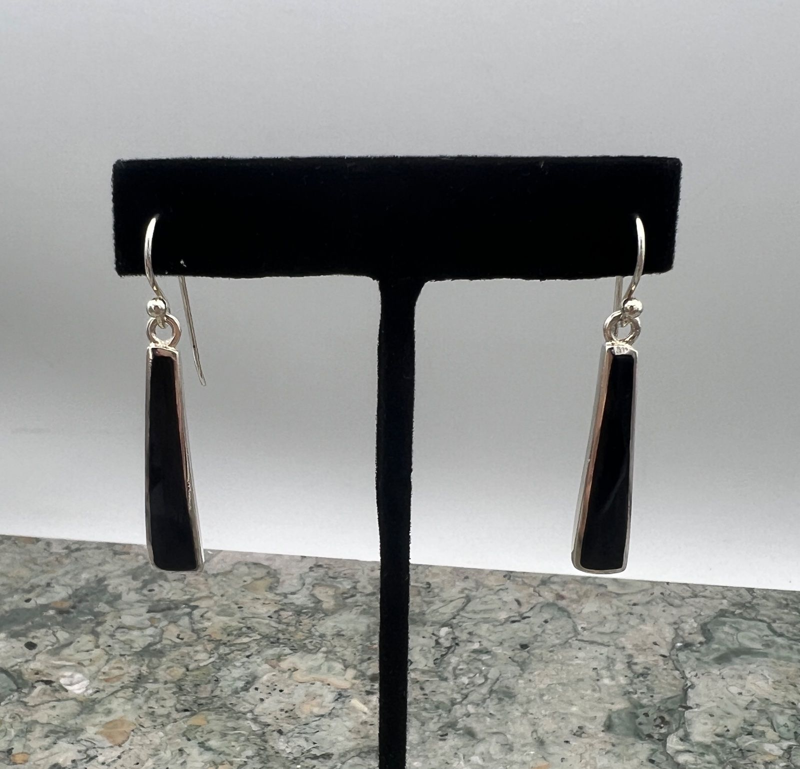 Sterling Silver Black Onyx Inlay Drop Earrings .925 2