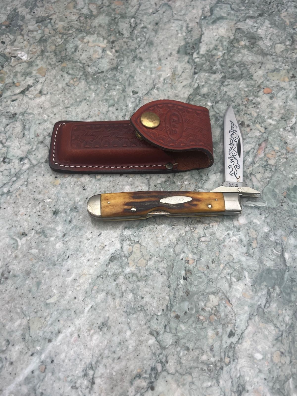 1977 Case XX P197 L SSP Shark Tooth 3 Dot Knife Etched Blade w/ Sheath