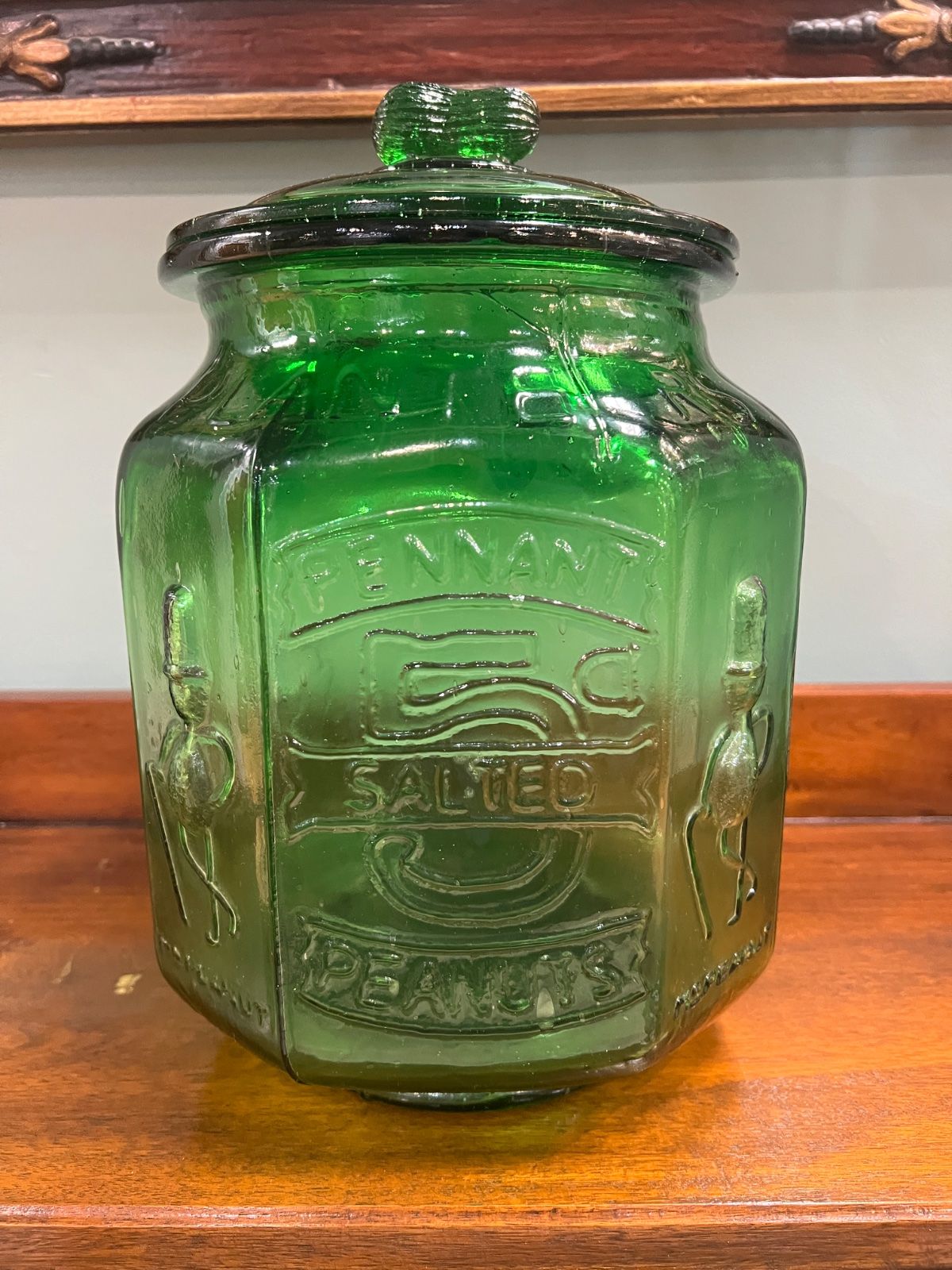 Vintage Planters Pennant 5¢ Salted Peanuts Green Glass Store Jar
