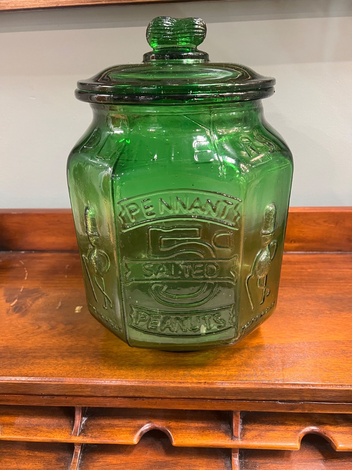 Vintage Planters Pennant 5¢ Salted Peanuts Green Glass Store Jar 3