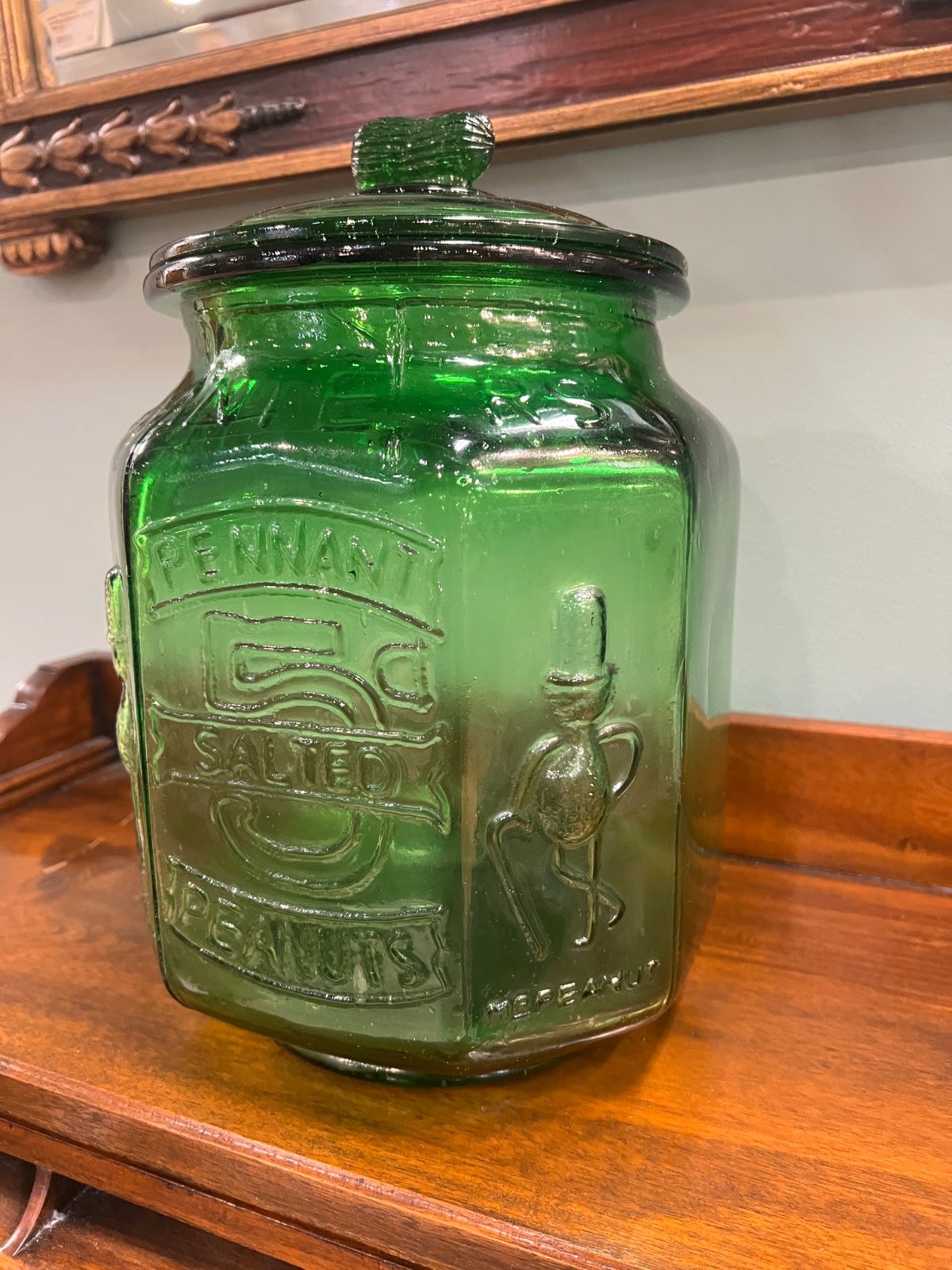 Vintage Planters Pennant 5¢ Salted Peanuts Green Glass Store Jar 2