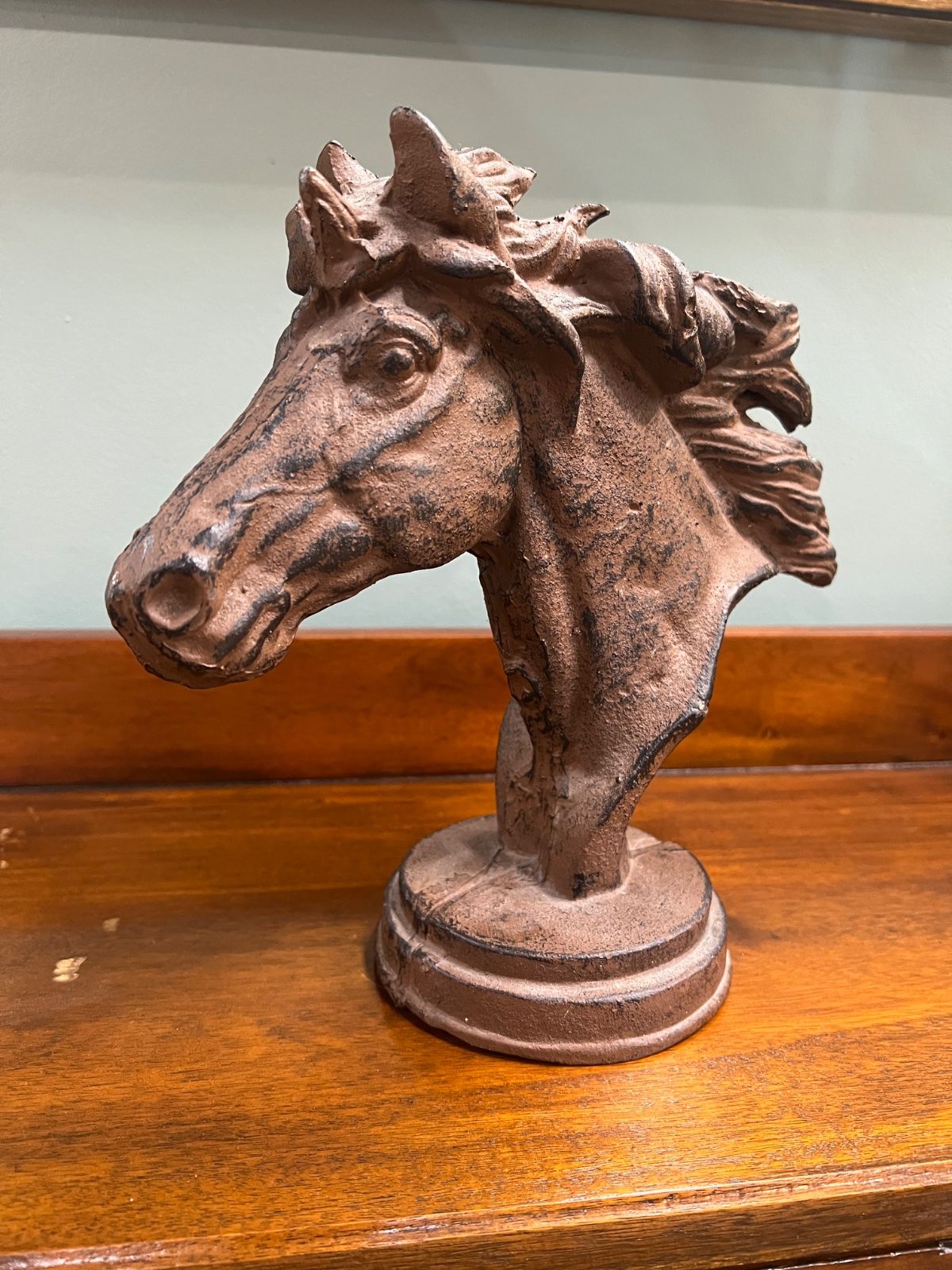 Cast Iron Horse Head Bust Sculpture on Round Pedestal Base 2