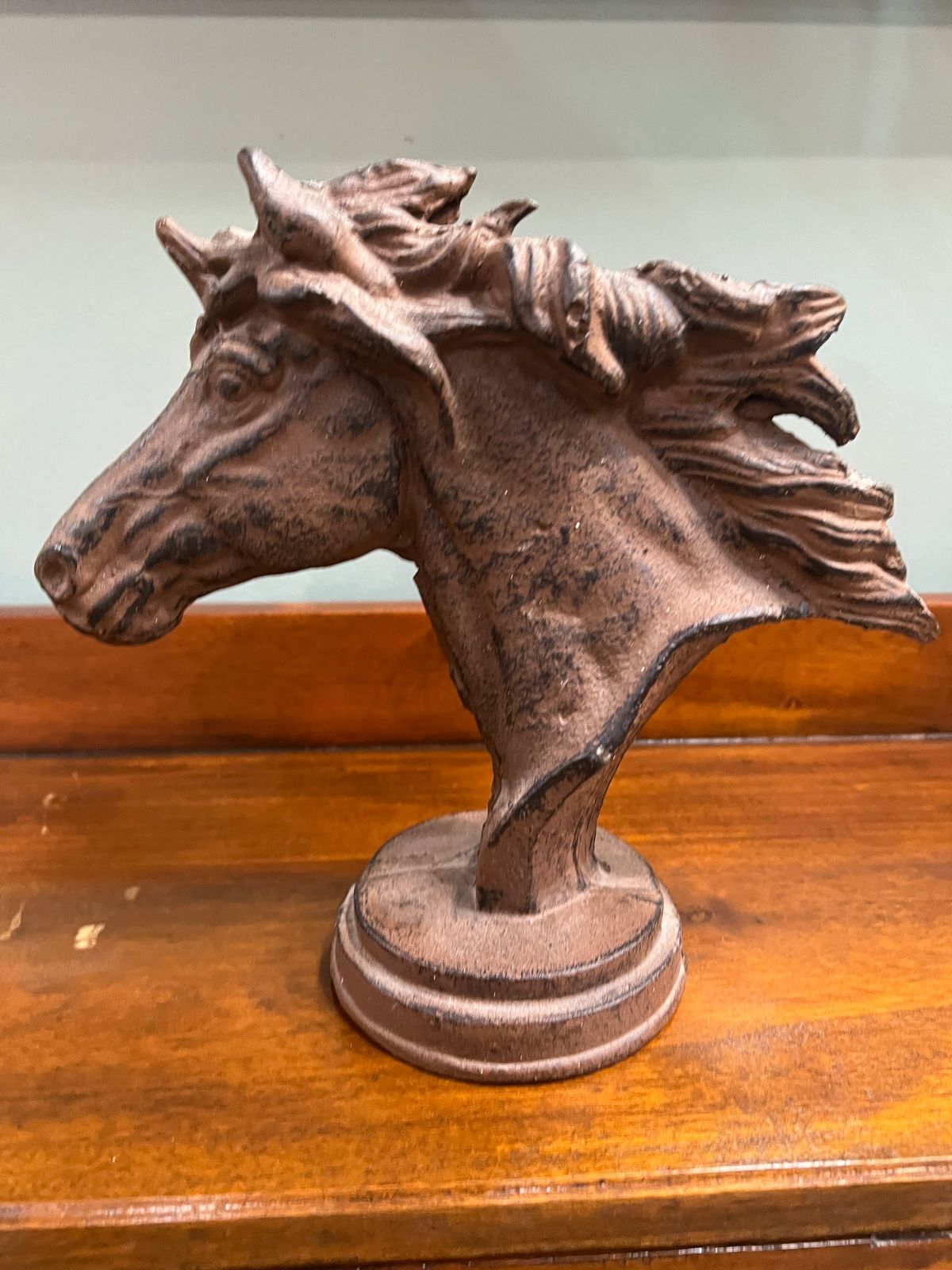 Cast Iron Horse Head Bust Sculpture on Round Pedestal Base