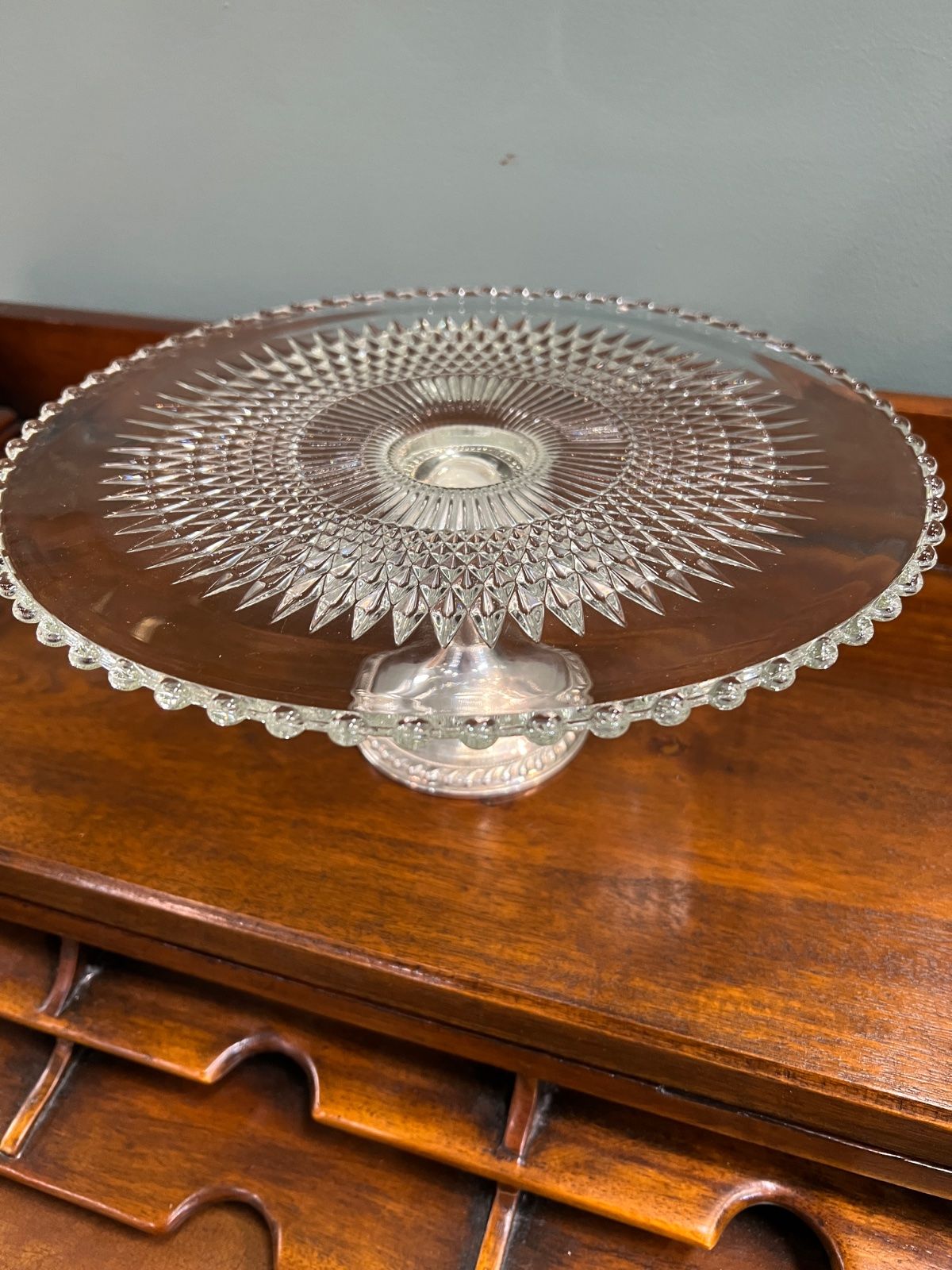 Pressed Glass & Sterling Silver Pedestal Cake Stand Vintage 2