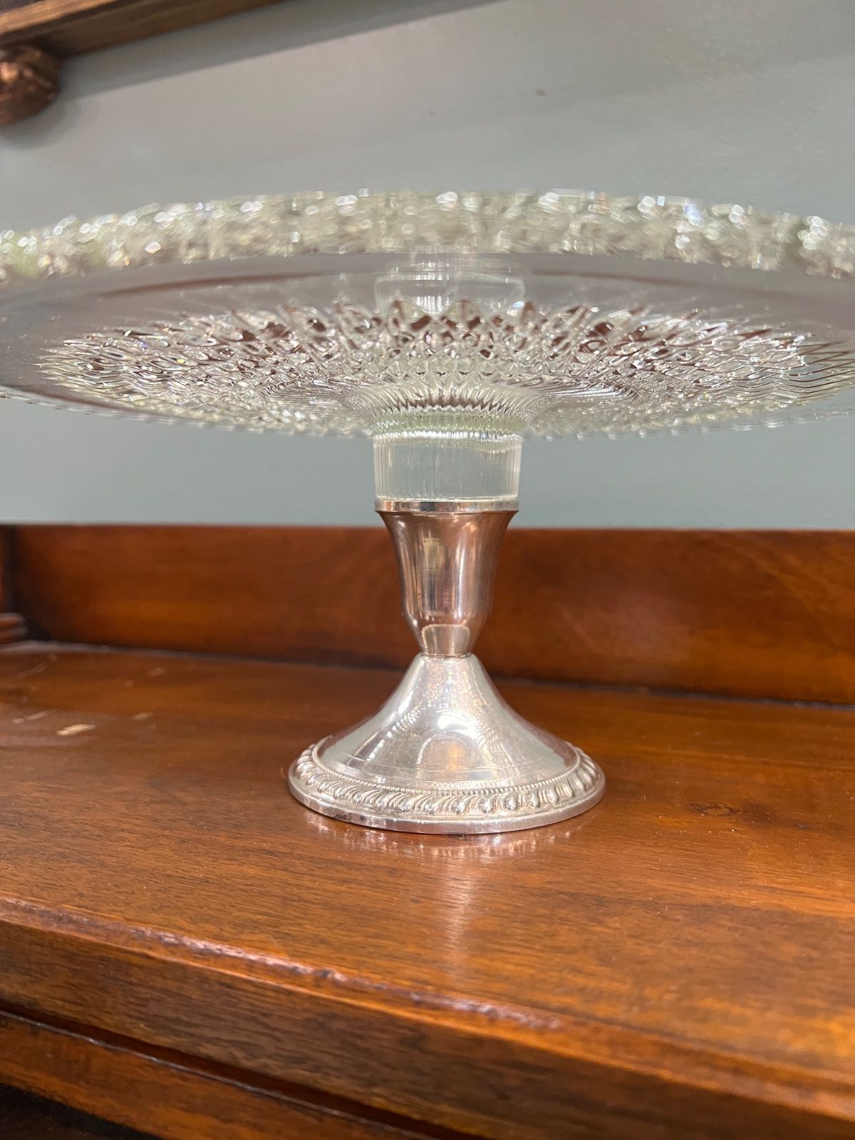 Pressed Glass & Sterling Silver Pedestal Cake Stand Vintage 3