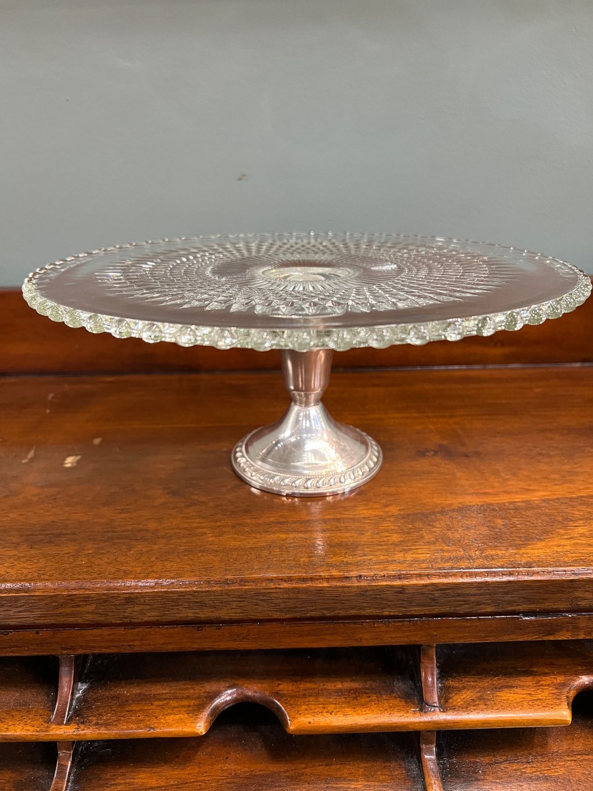 Pressed Glass & Sterling Silver Pedestal Cake Stand Vintage
