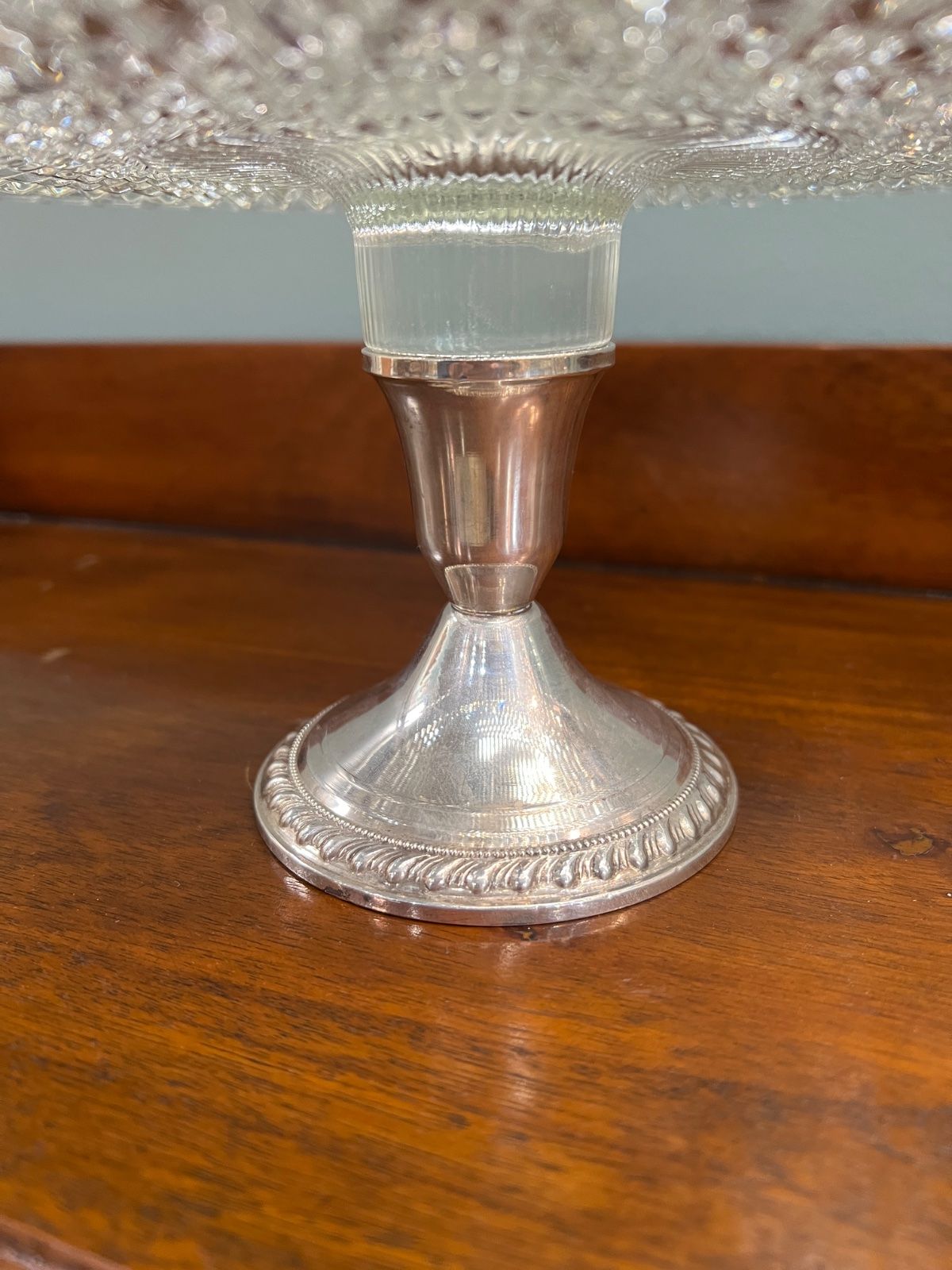 Pressed Glass & Sterling Silver Pedestal Cake Stand Vintage 4