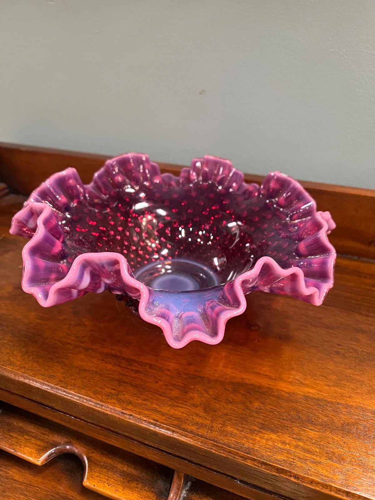 Fenton Hobnail Cranberry Opalescent Ruffled Edge Glass Bowl 2