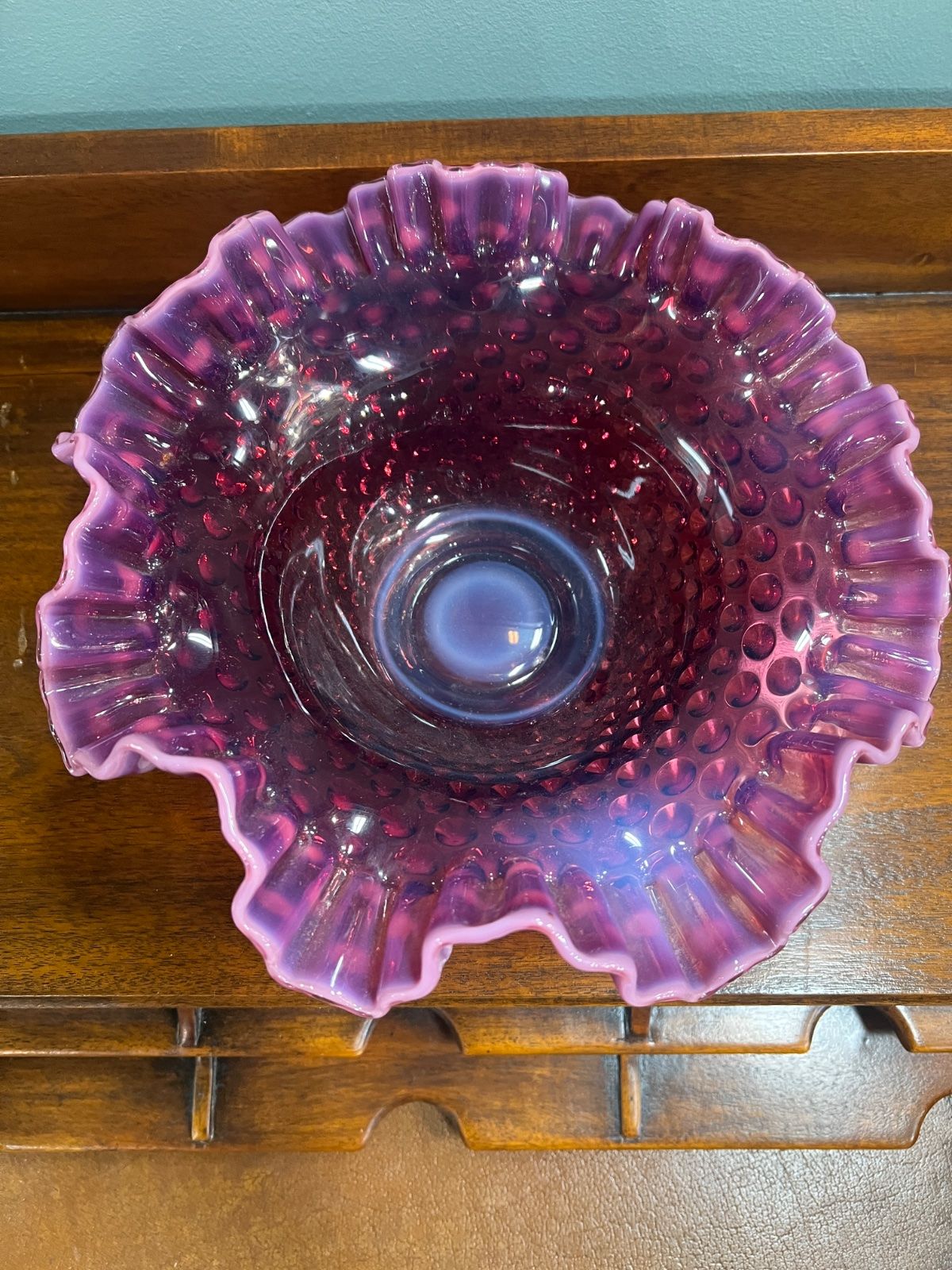 Fenton Hobnail Cranberry Opalescent Ruffled Edge Glass Bowl 3