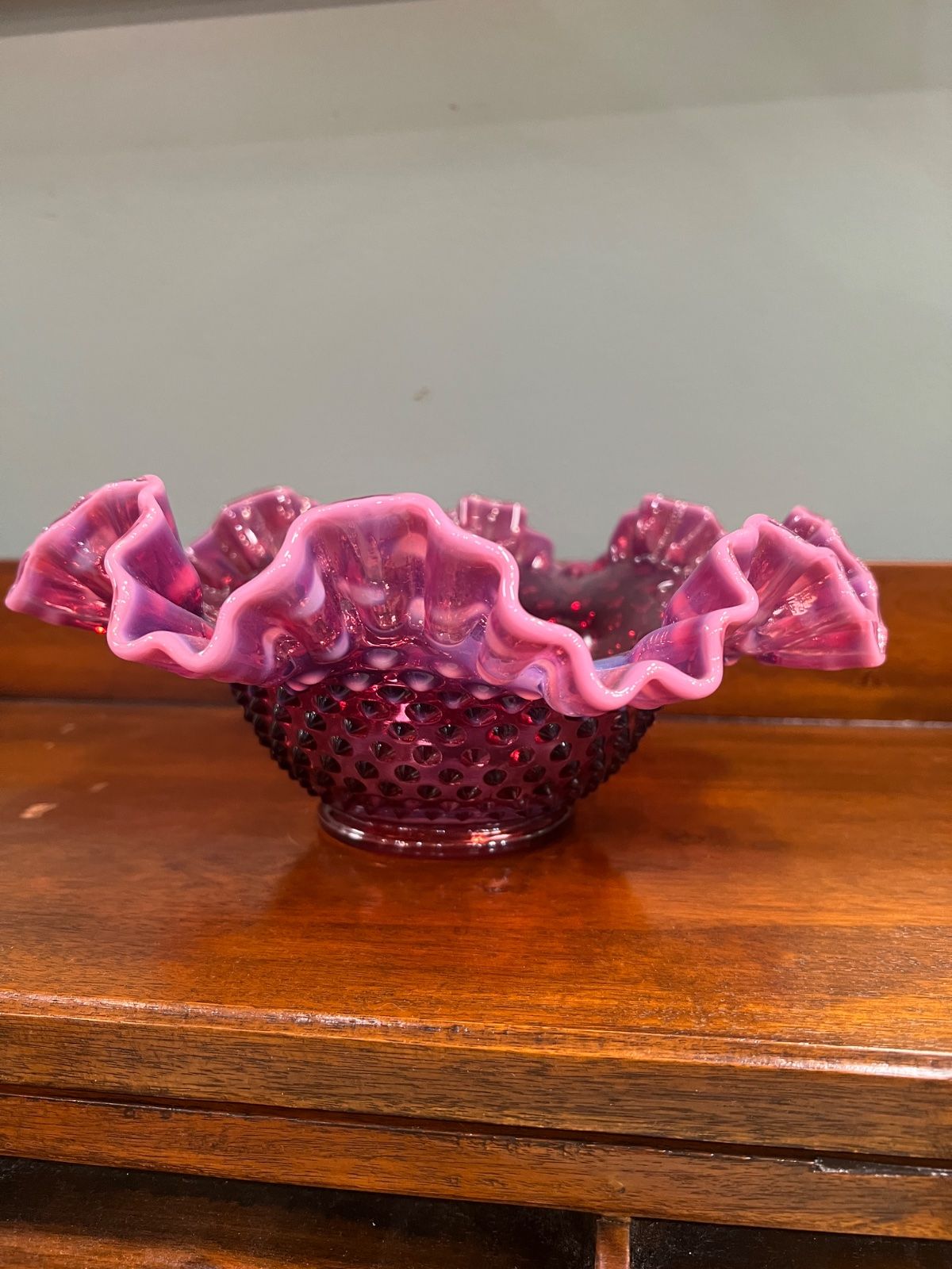 Fenton Hobnail Cranberry Opalescent Ruffled Edge Glass Bowl
