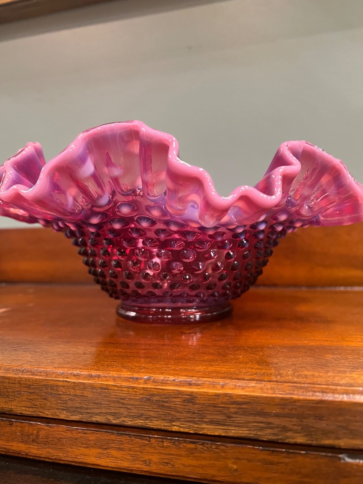Fenton Hobnail Cranberry Opalescent Ruffled Edge Glass Bowl 4