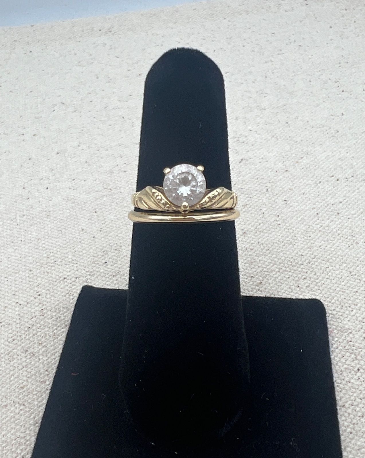 Vintage 14K Gold Engagement Ring & Wedding Band Set w/ Simulated Diamond. Sz 7 2