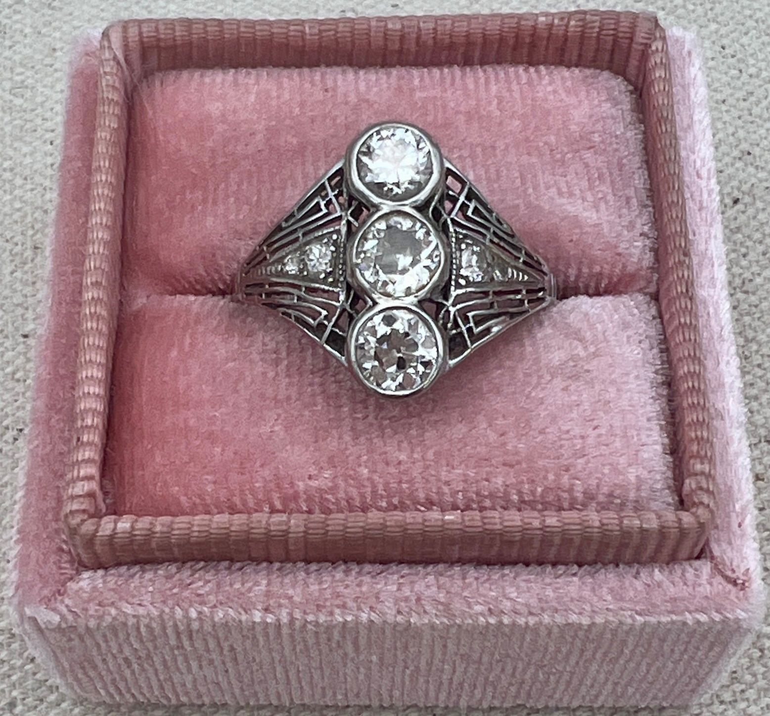 Antique Platinum Art Deco 3-Stone Diamond Filigree Ring .56 CTW x 3. Sz 9